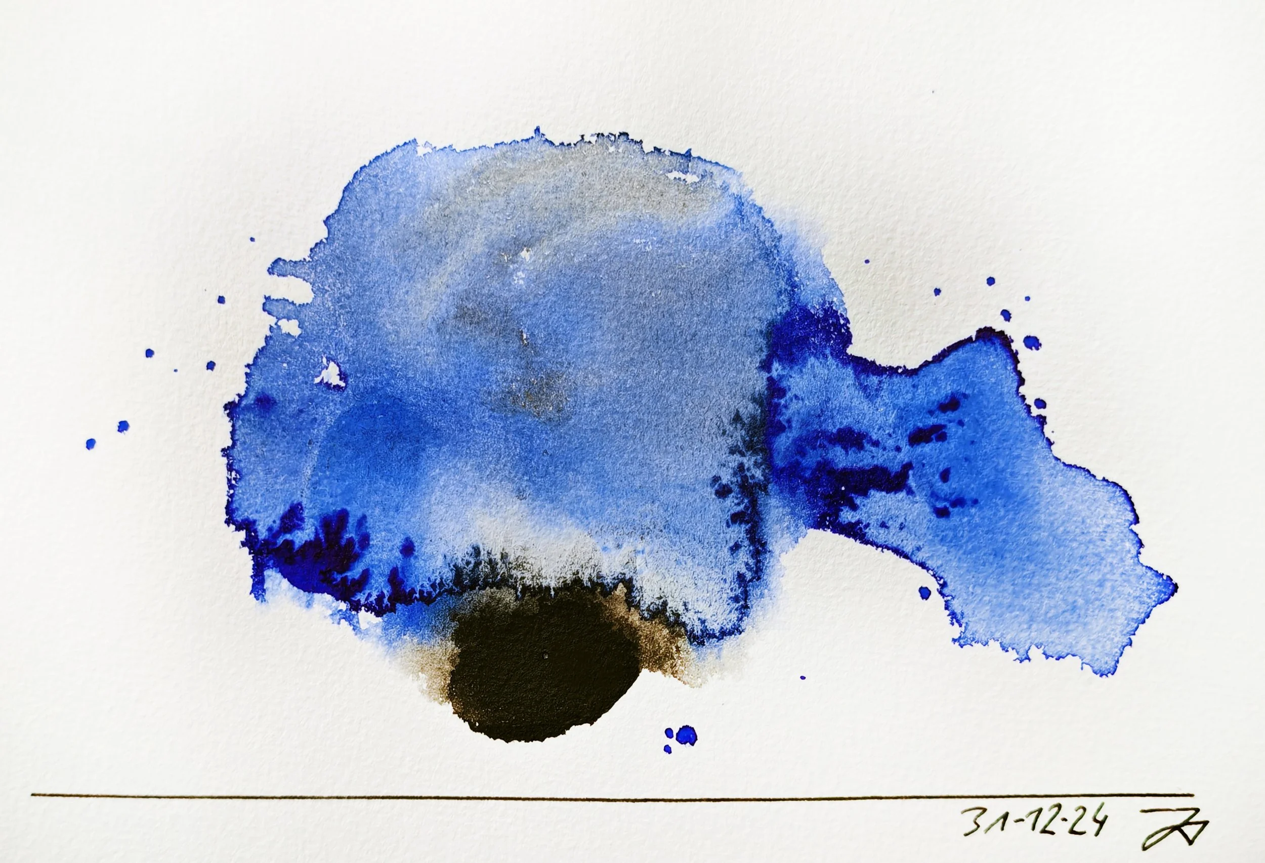 An abstract watercolor painting with various shades of blue and black, splattered and blended on white paper, with a date and signature at the bottom right.