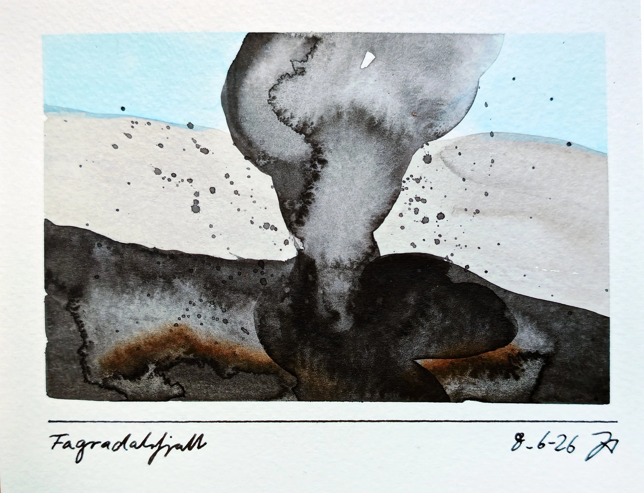A watercolor painting of a volcanic landscape with a central volcano erupting with smoke and ash, under a blue sky and dotted with ash particles. Handwritten text below describes "Fagradalsfjall" and a date, "8-6-26."