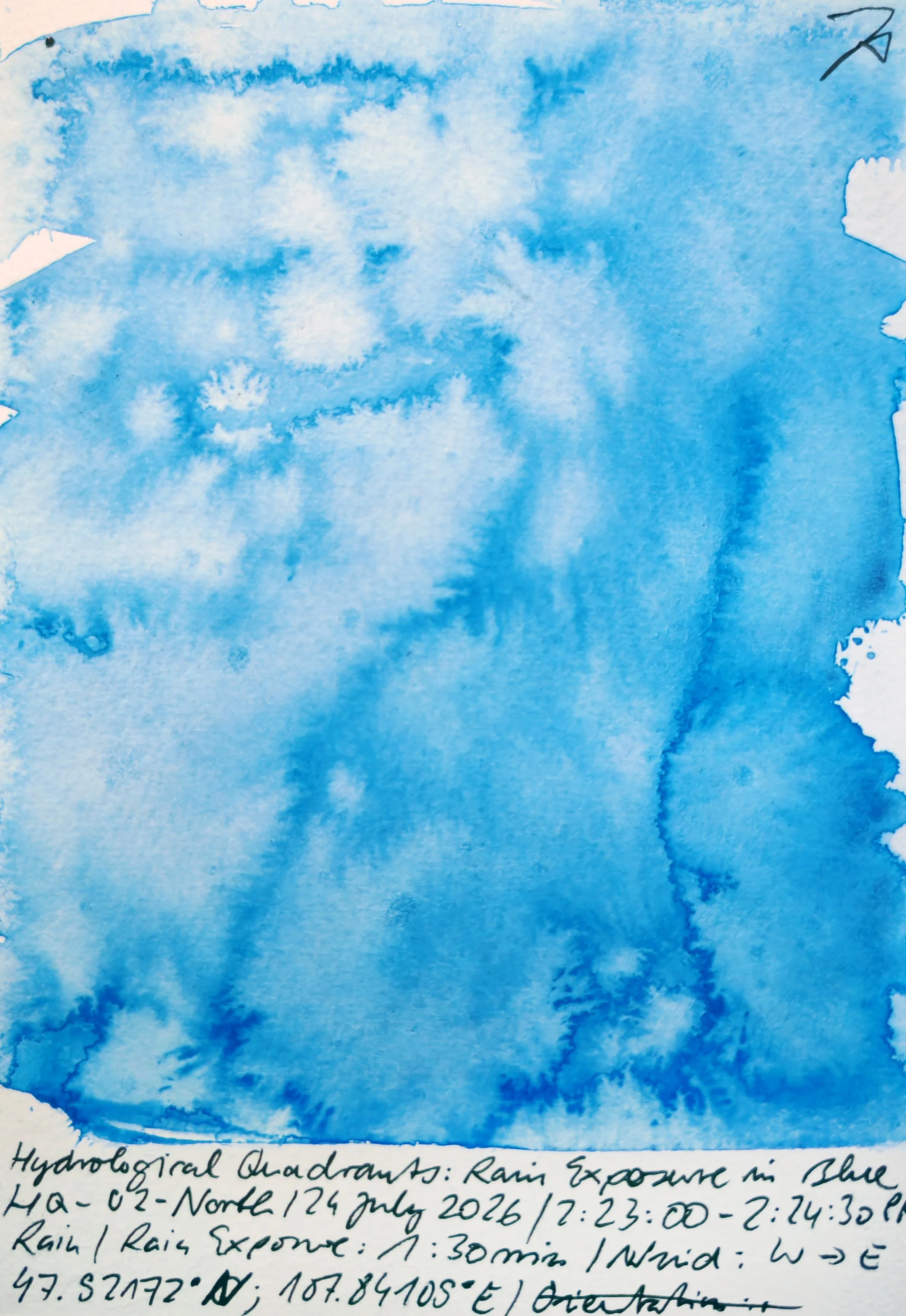 A watercolor painting of a blue sky with clouds and a handwritten note describing the weather conditions and rain exposure on July 24, 2016.