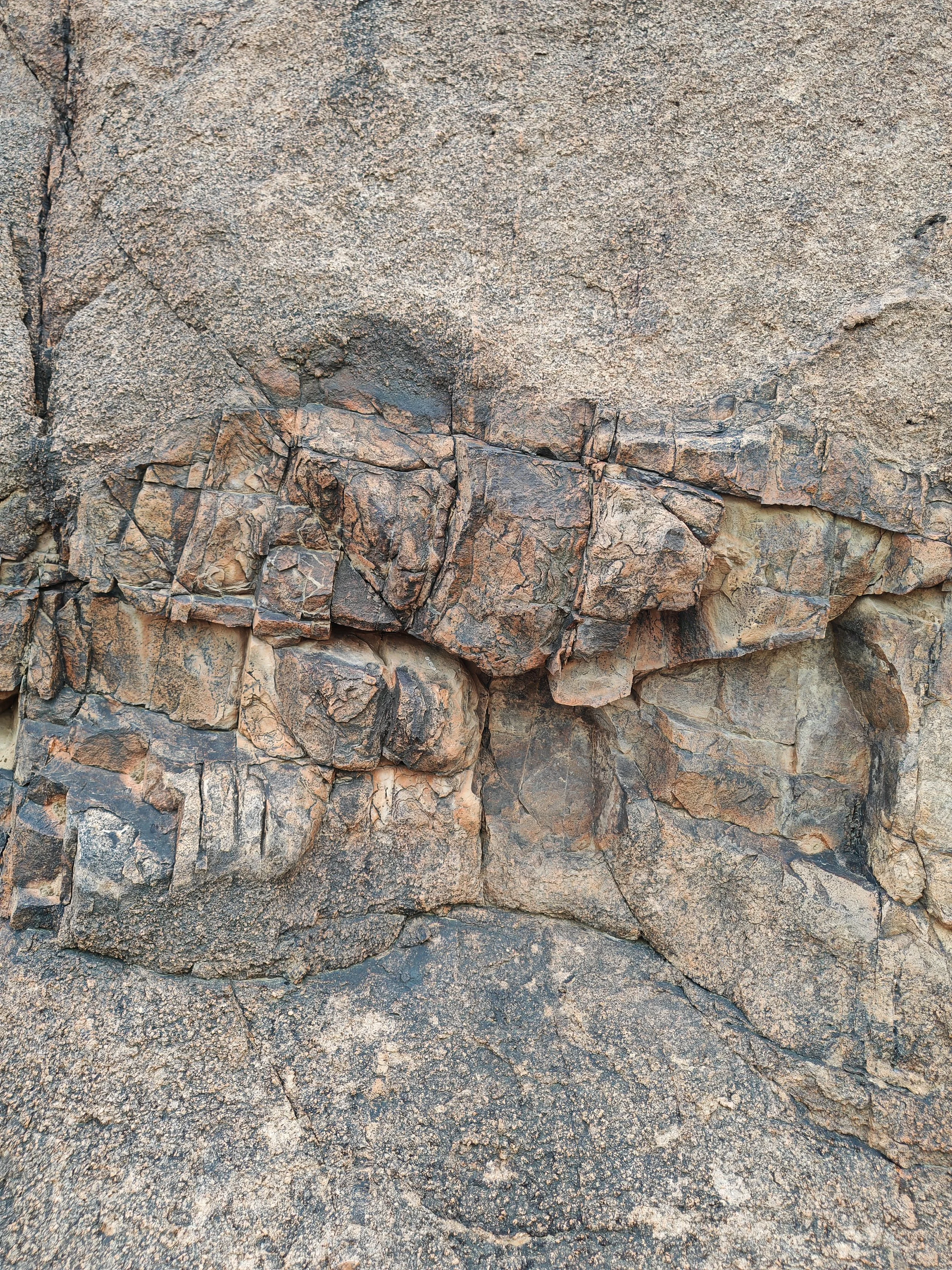 Close-up of a rocky surface with textured, layered and fractured rocks in various shades of brown and gray.