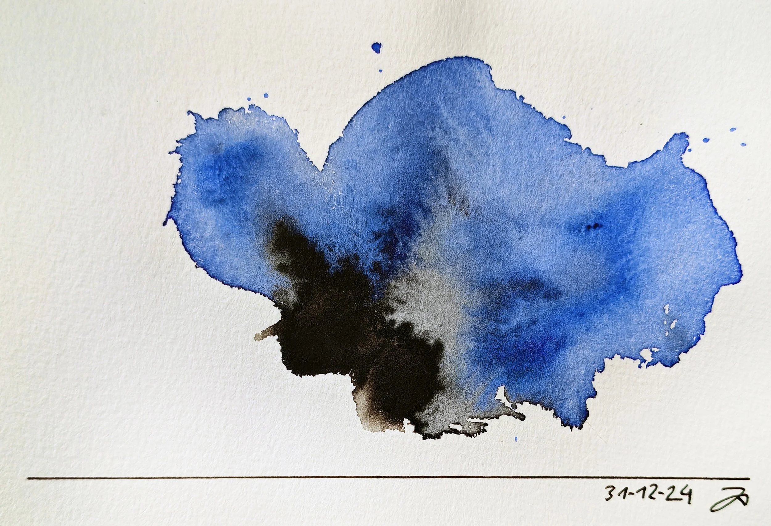 Blue and black watercolor abstract painting on white paper with date 31-12-24 handwritten in the lower right corner.