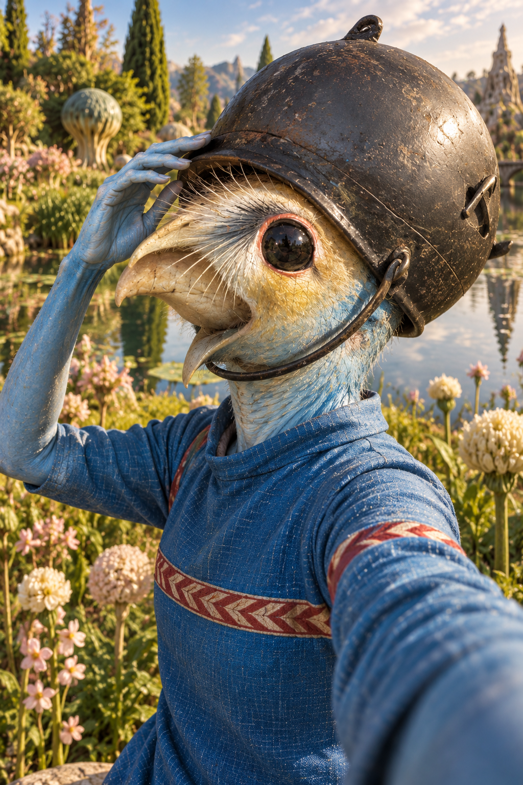 A humanoid bird character with a large beak, wearing a helmet and blue shirt with red stripe details, taking a selfie in a garden filled with flowers and a lake.