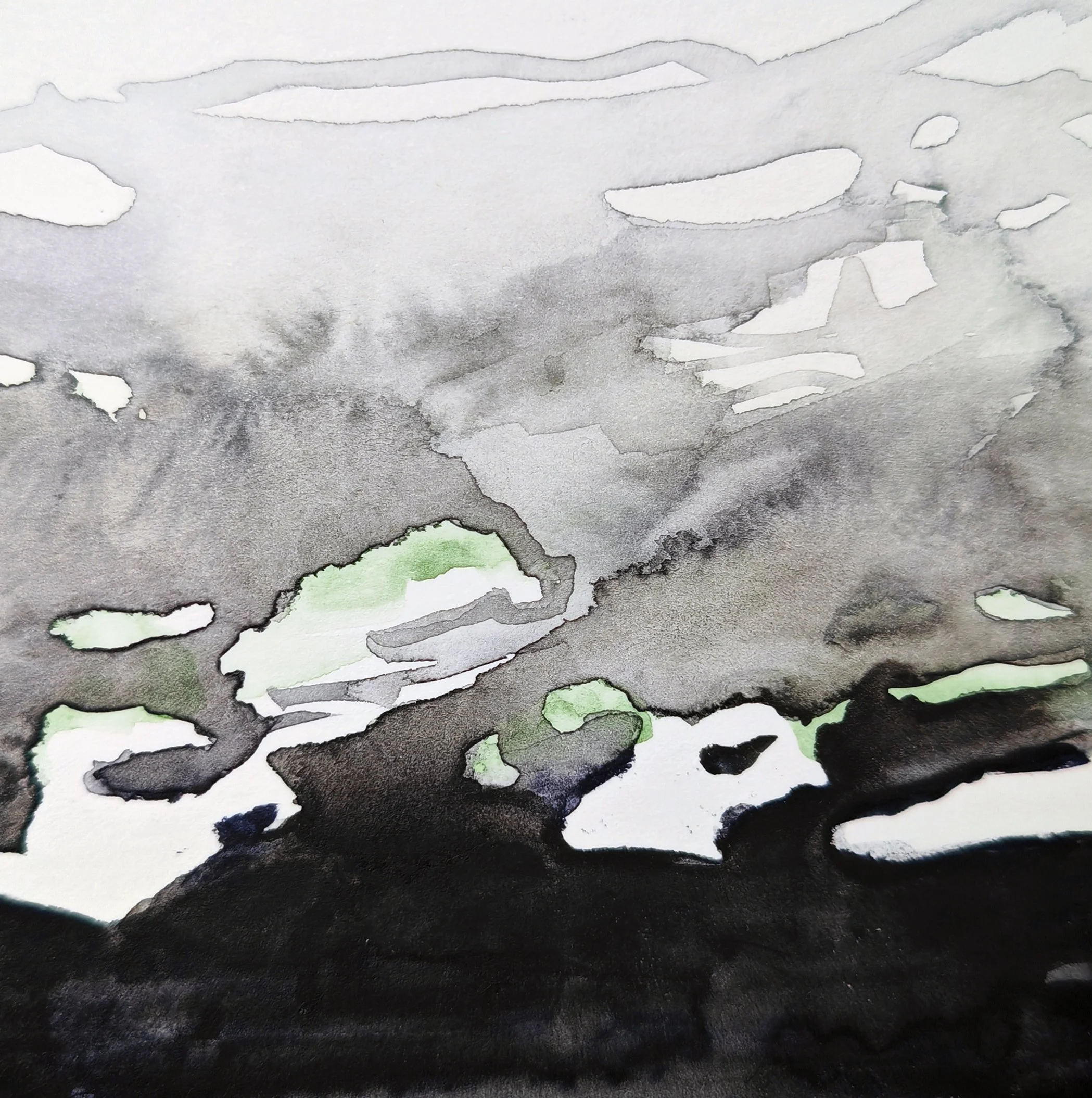 Watercolor painting with abstract black, gray, white, and green shapes and cloud-like formations.
