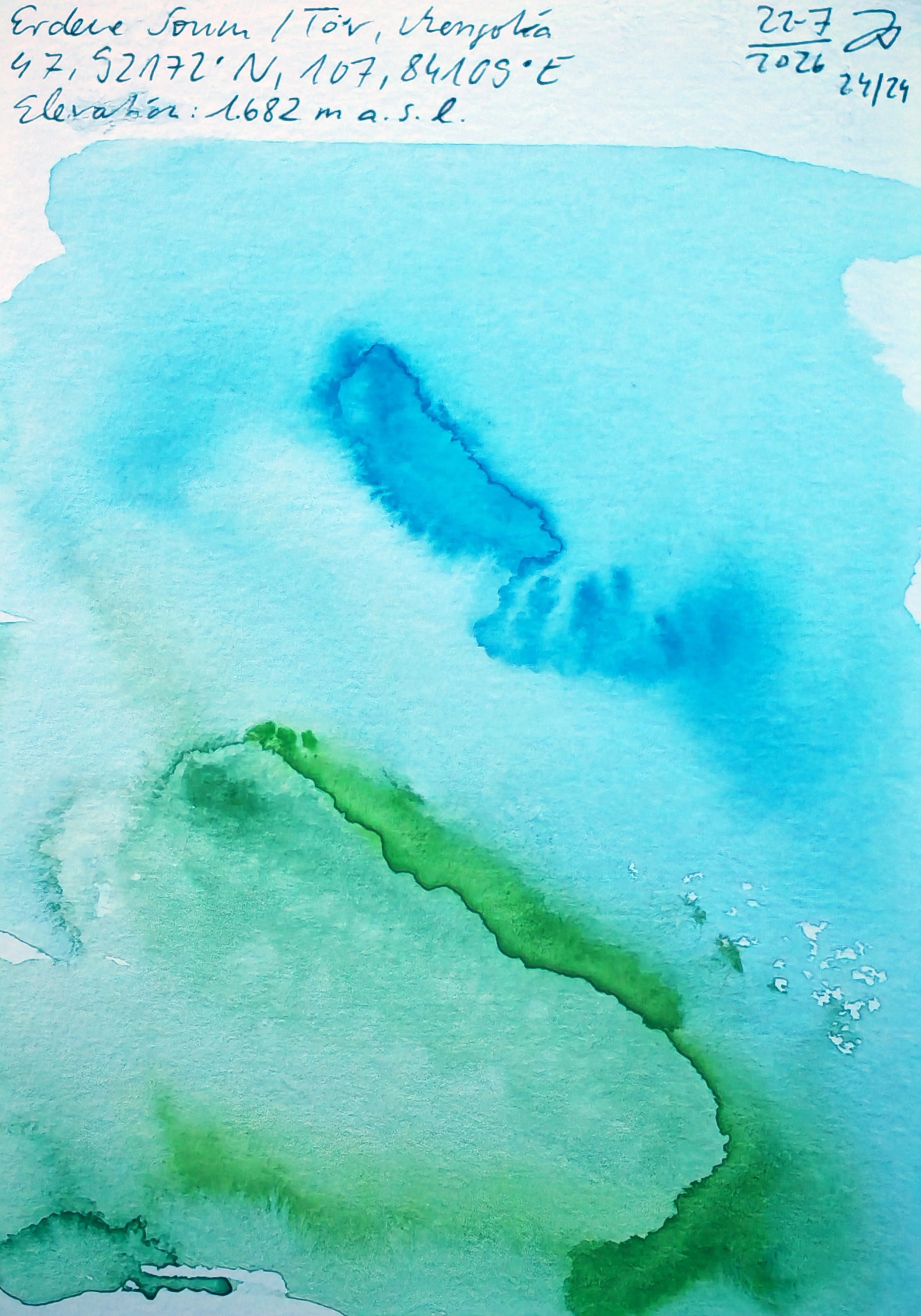 Watercolor painting of a river flowing through a landscape with green hills, a blue sky, and handwritten notes in a foreign language at the top.