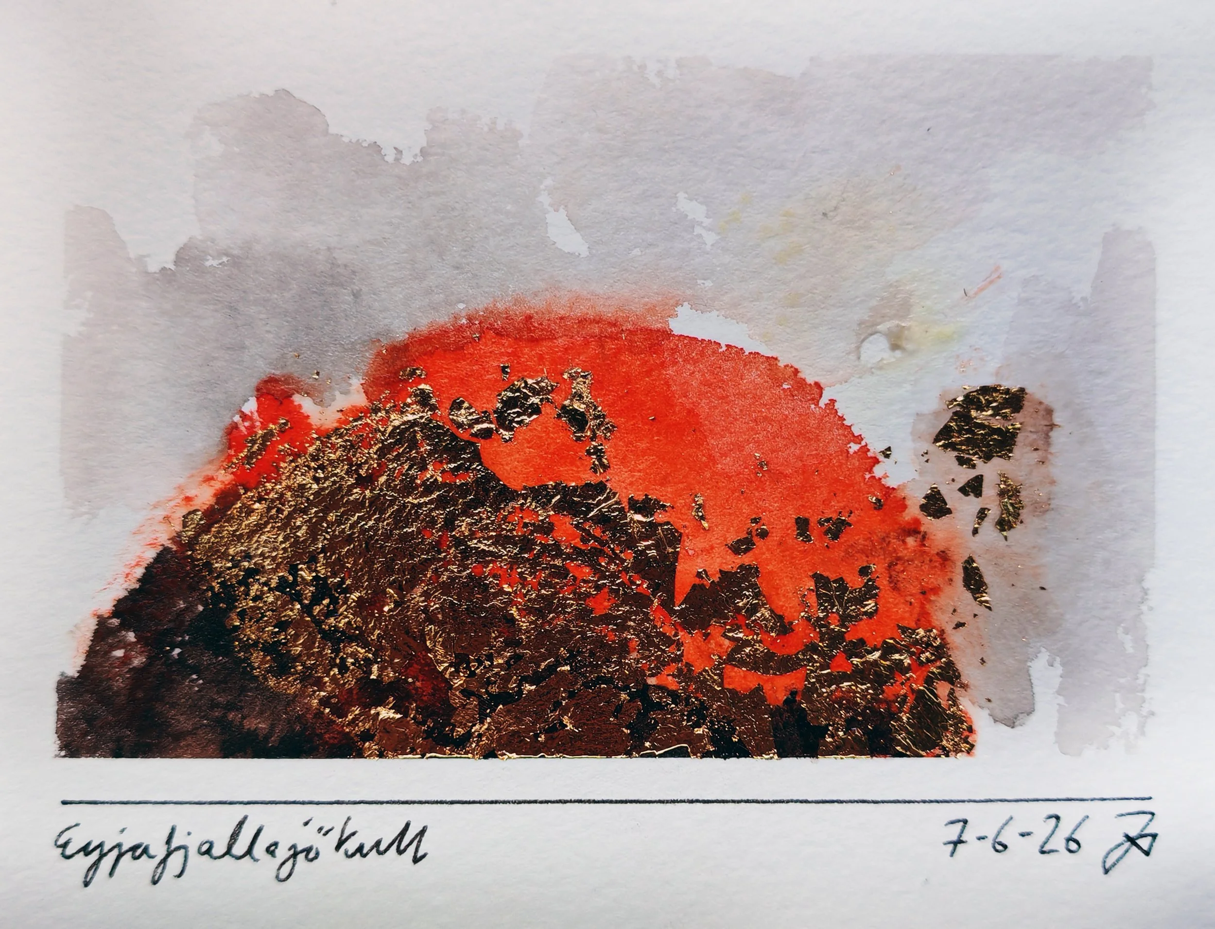 Close-up of a watercolor painting labeled "Eyráhalli" with the date 7-6-26 and some handwritten notes below it. The painting features a vibrant orange and black abstract shape.