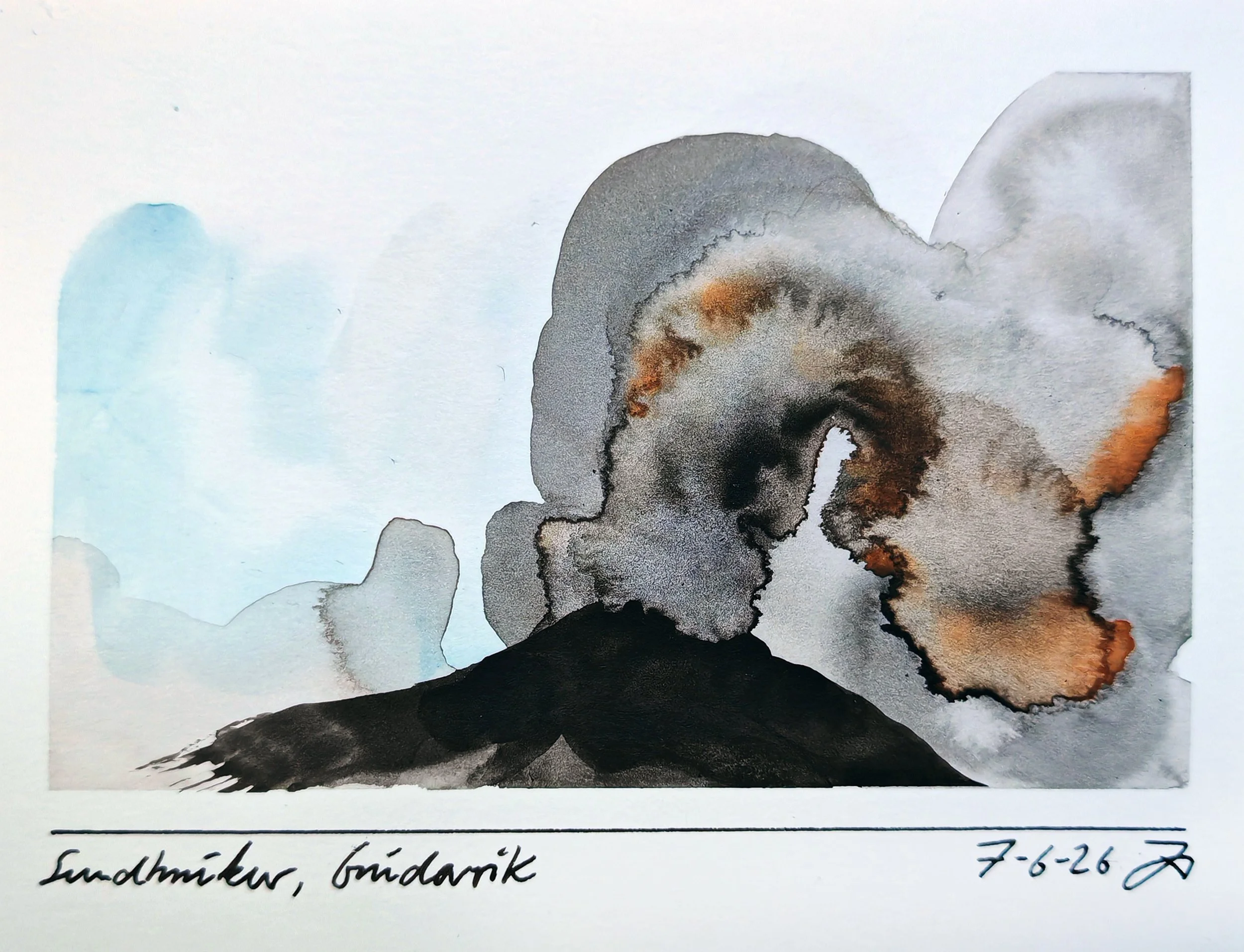 Watercolor painting of a mountain landscape with icy blue and gray tones, featuring snow-capped peaks and a dark foreground. Handwritten notes underneath the painting include the word 'Fudark' and the date '7-6-26'.