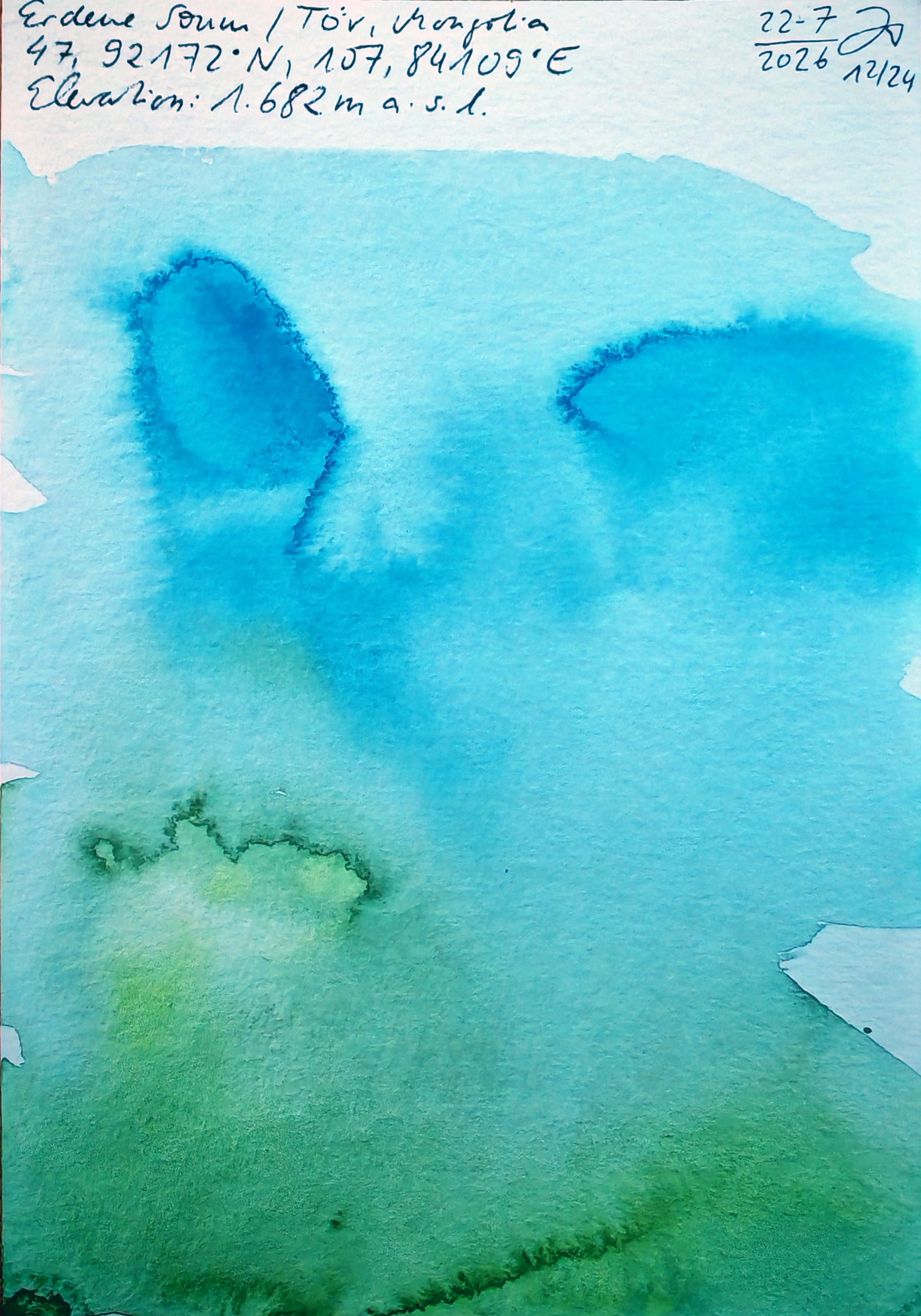 A piece of watercolor art with a gradient background transitioning from light blue at the top to green at the bottom. There are loose, abstract water-colored shapes in darker blue and green. Handwritten notes are at the top, including latitude and lo