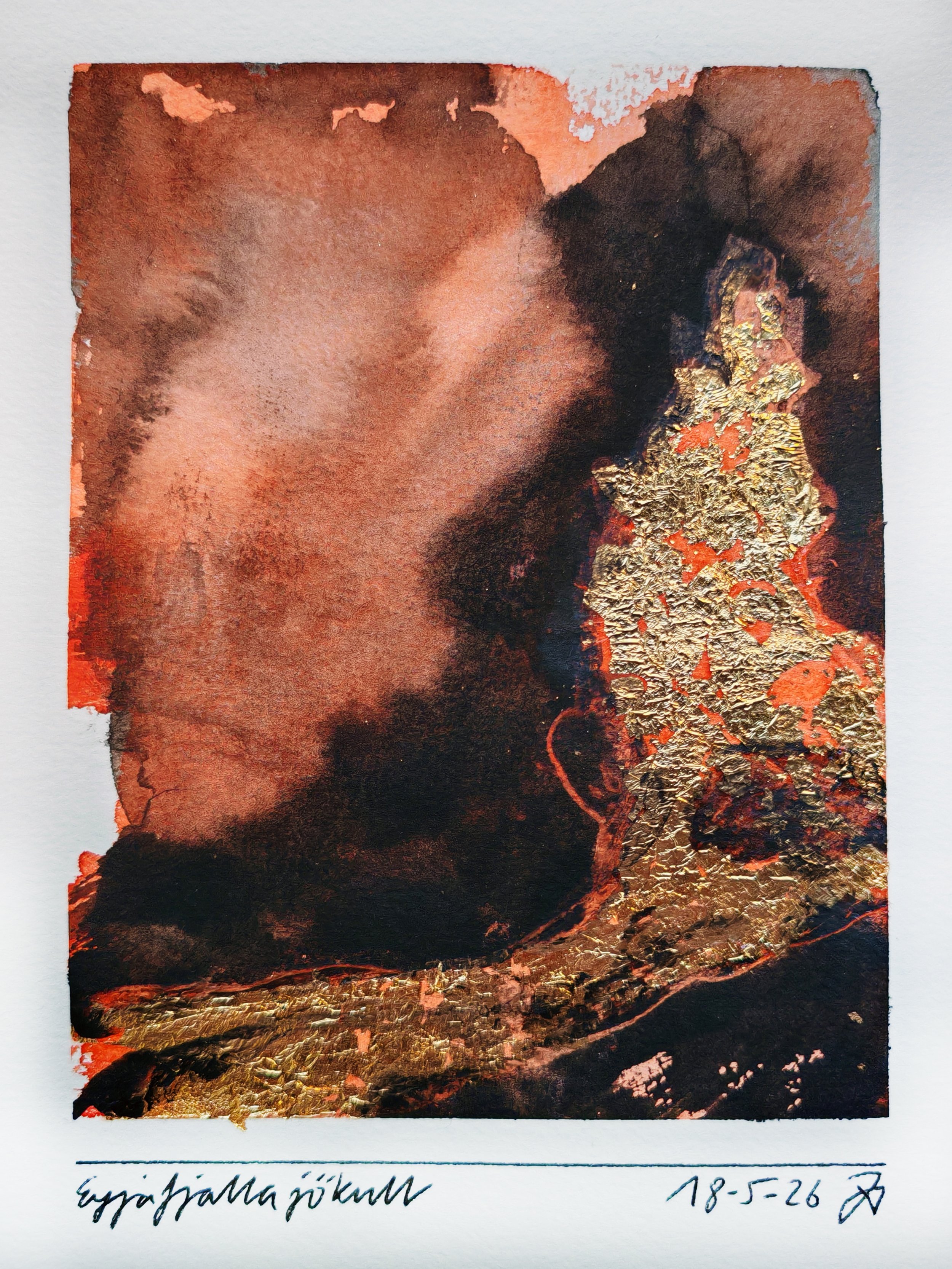 A watercolor painting with predominantly brown and gold hues, featuring abstract textures and patterns. There is handwritten text below the painting that appears to be a signature and date, reading '18-5-26.' The painting is bordered by a white mat.