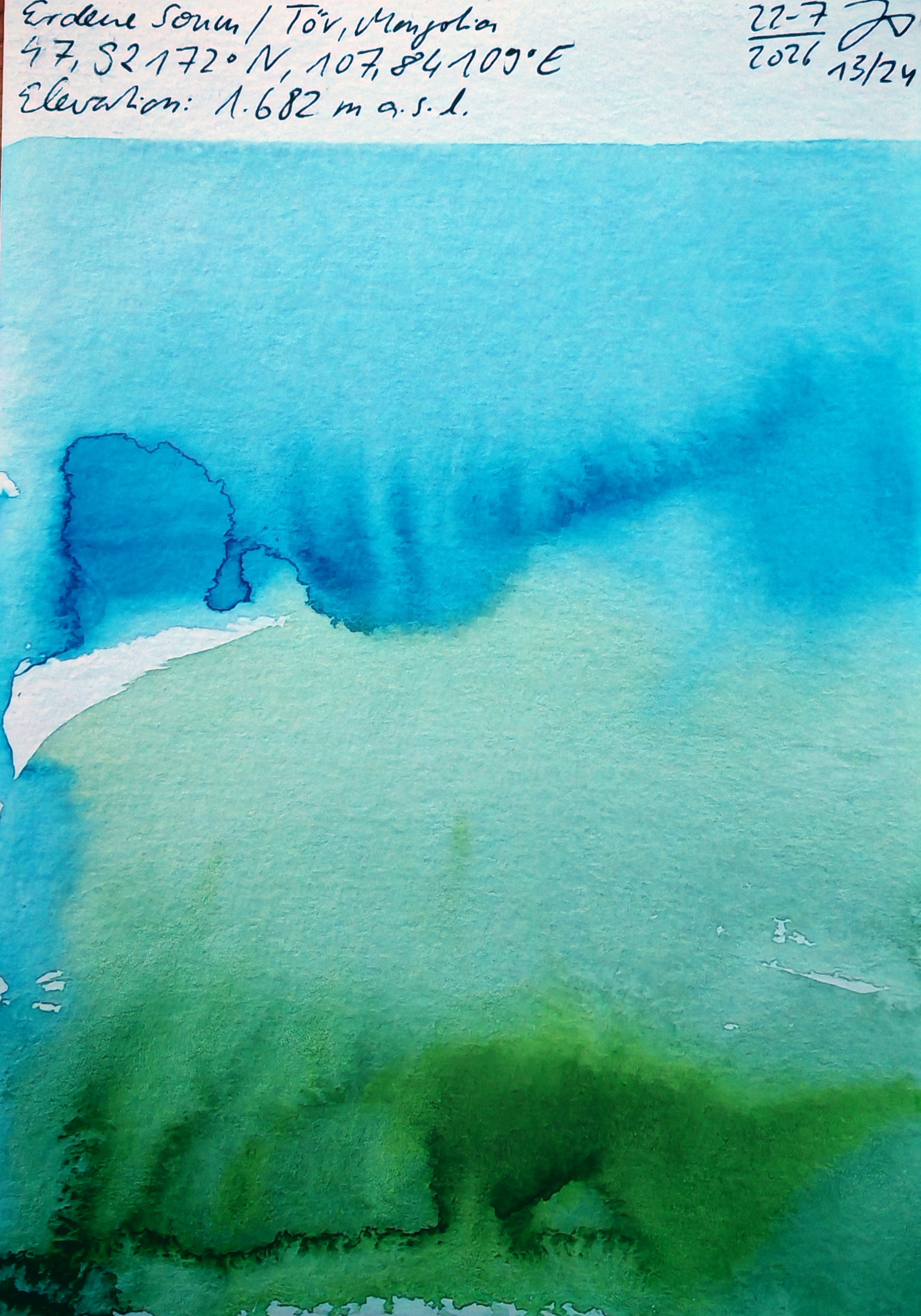 Pastel watercolor painting depicting a landscape with lush green hills and a mountain range in the background, using shades of blue and green.