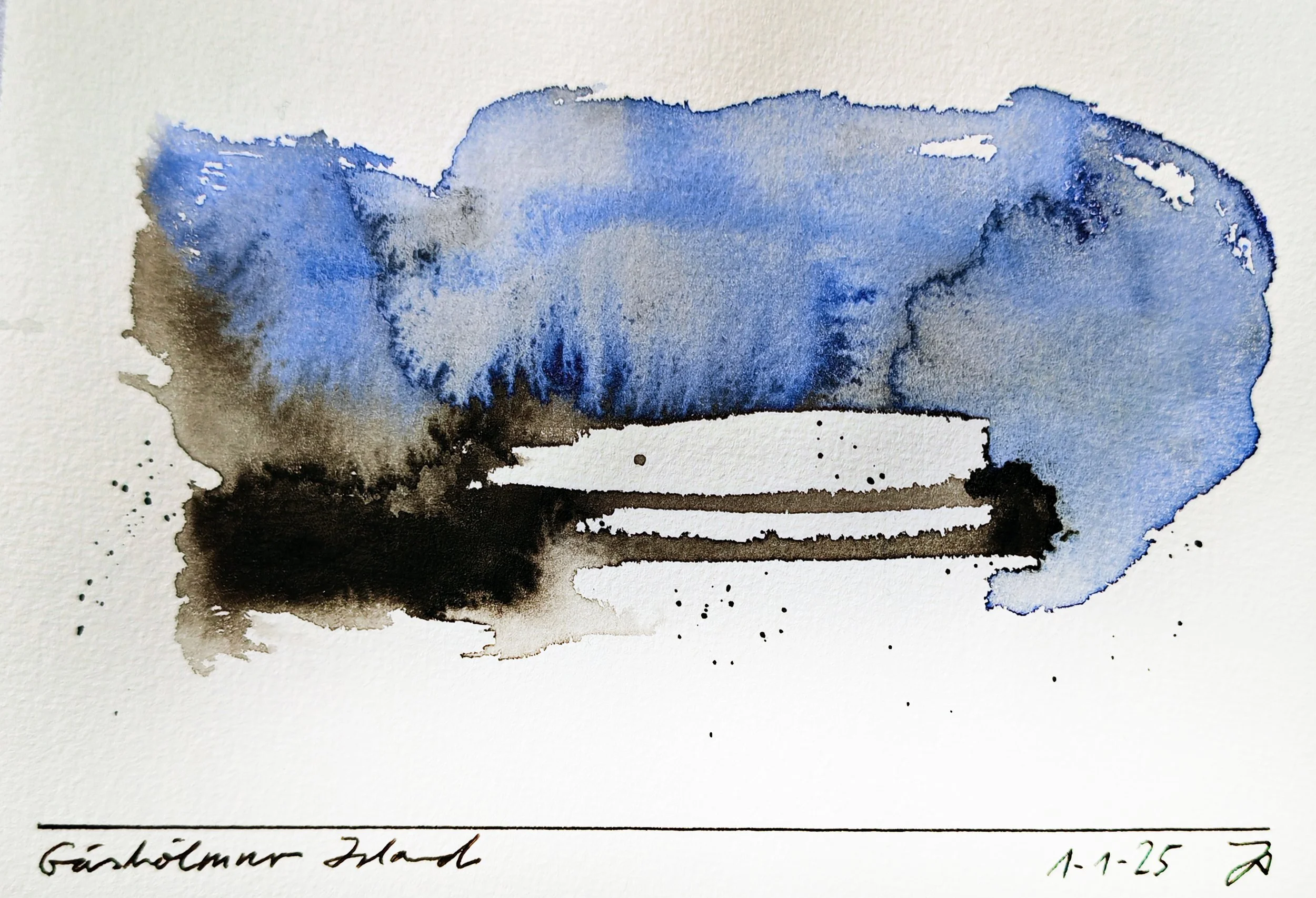 Abstract watercolor painting with blue and black hues, with the bottom part showing handwritten text that is partially visible.