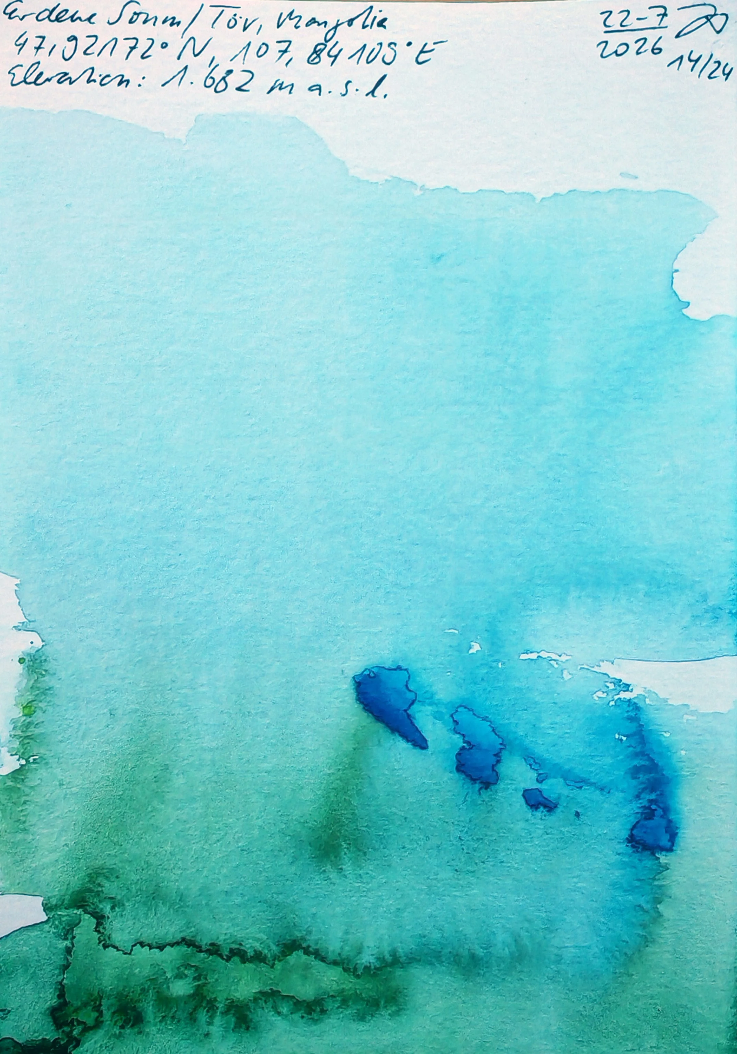 Handwritten notes in blue ink on a sheet of paper with a watercolor background in shades of blue and green, mentioning coordinates and elevation.