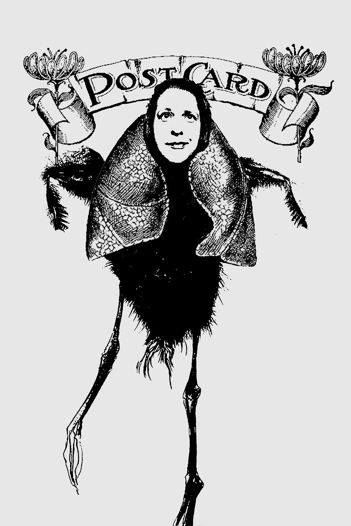 Black and white illustration of a person with the face of a woman and the body of a bird, standing on two legs, with a banner above reading 'Post Card' and decorative elements.