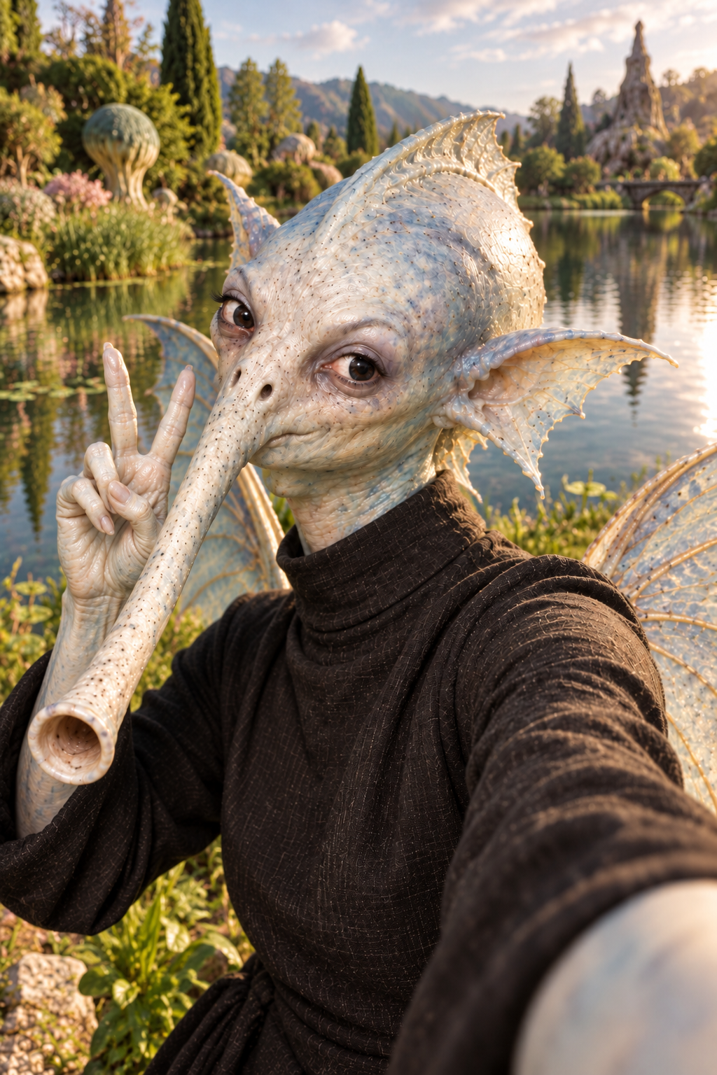 A person dressed as a fantasy creature with an elongated nose, large eyes, and fin-like ears, posing for a selfie by a lake with a whimsical landscape in the background, including trees, a bridge, and a statue, during daytime.