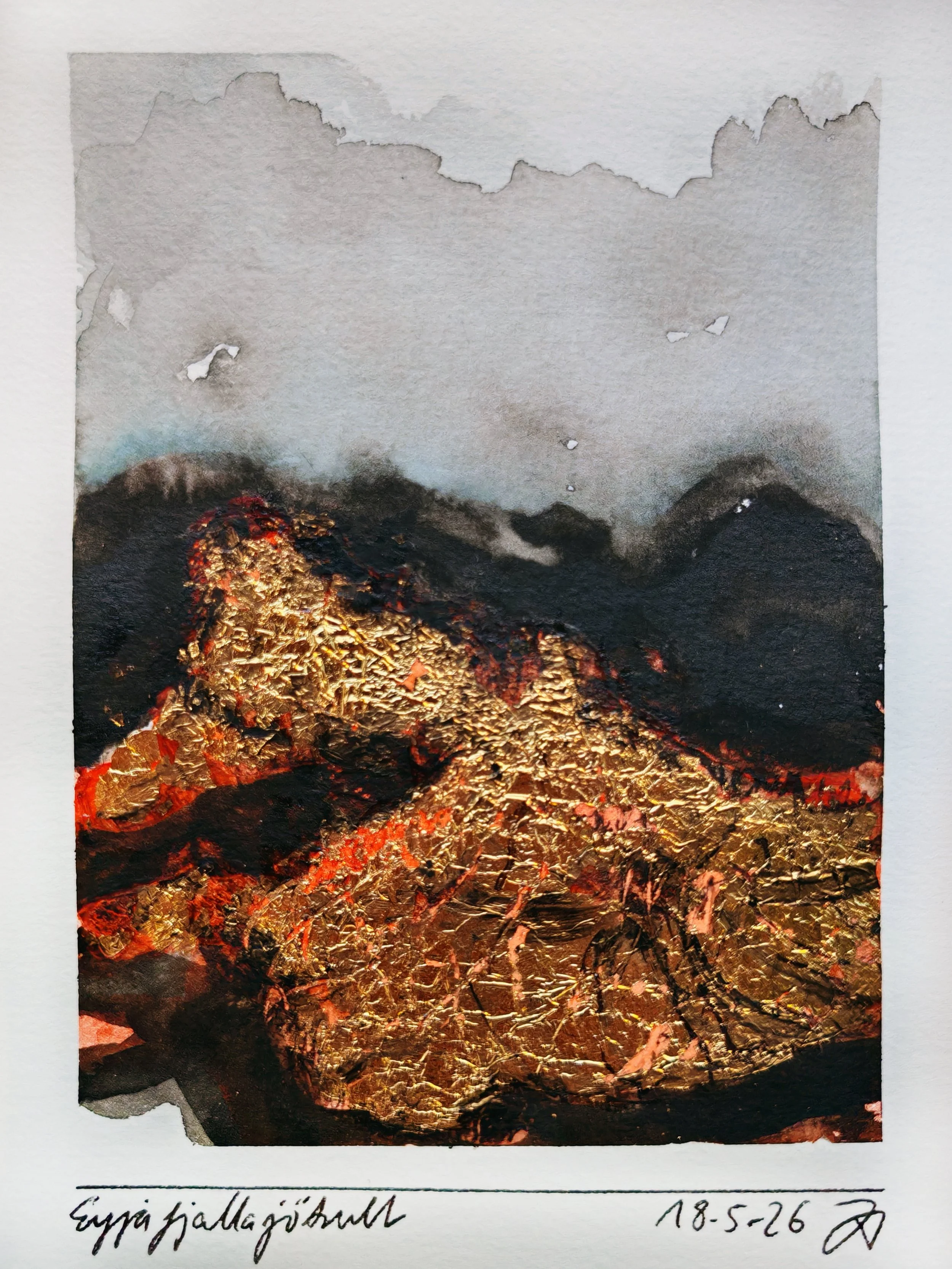Artwork depicting flowing lava with bright orange and gold details, set against a dark background with smoky clouds above.