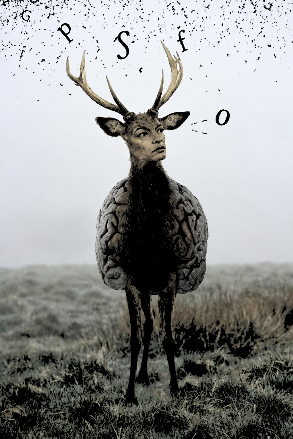 A surreal artistic image of a creature with the body of a brain, deer legs, and a head with human facial features, wearing deer antlers. The background is a grassy plains landscape with a light sky, and decorative letters and symbols are floating above the creature's head.