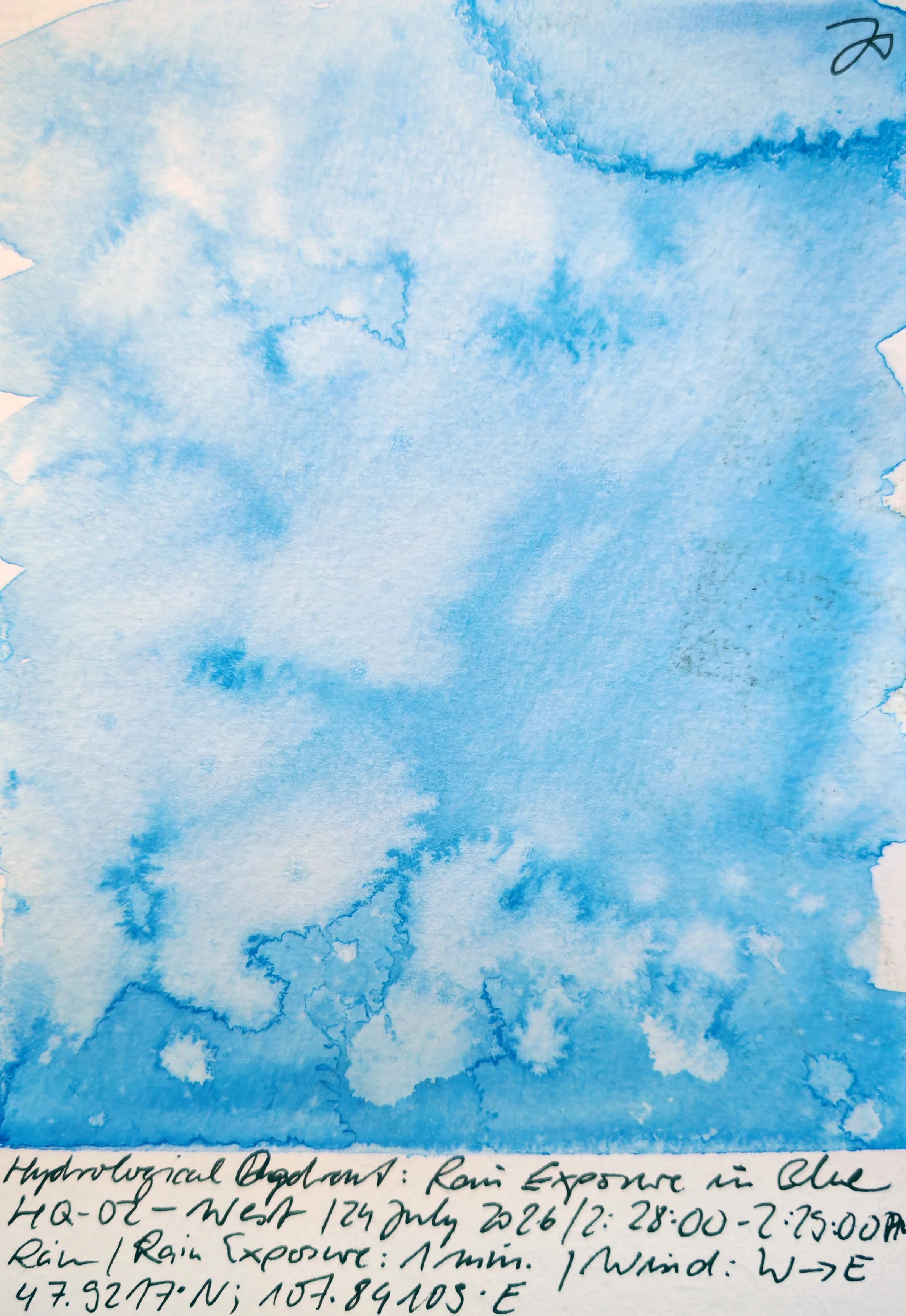 Photograph of a watercolor painting of a cloudy blue sky with handwritten notes about the painting at the bottom.