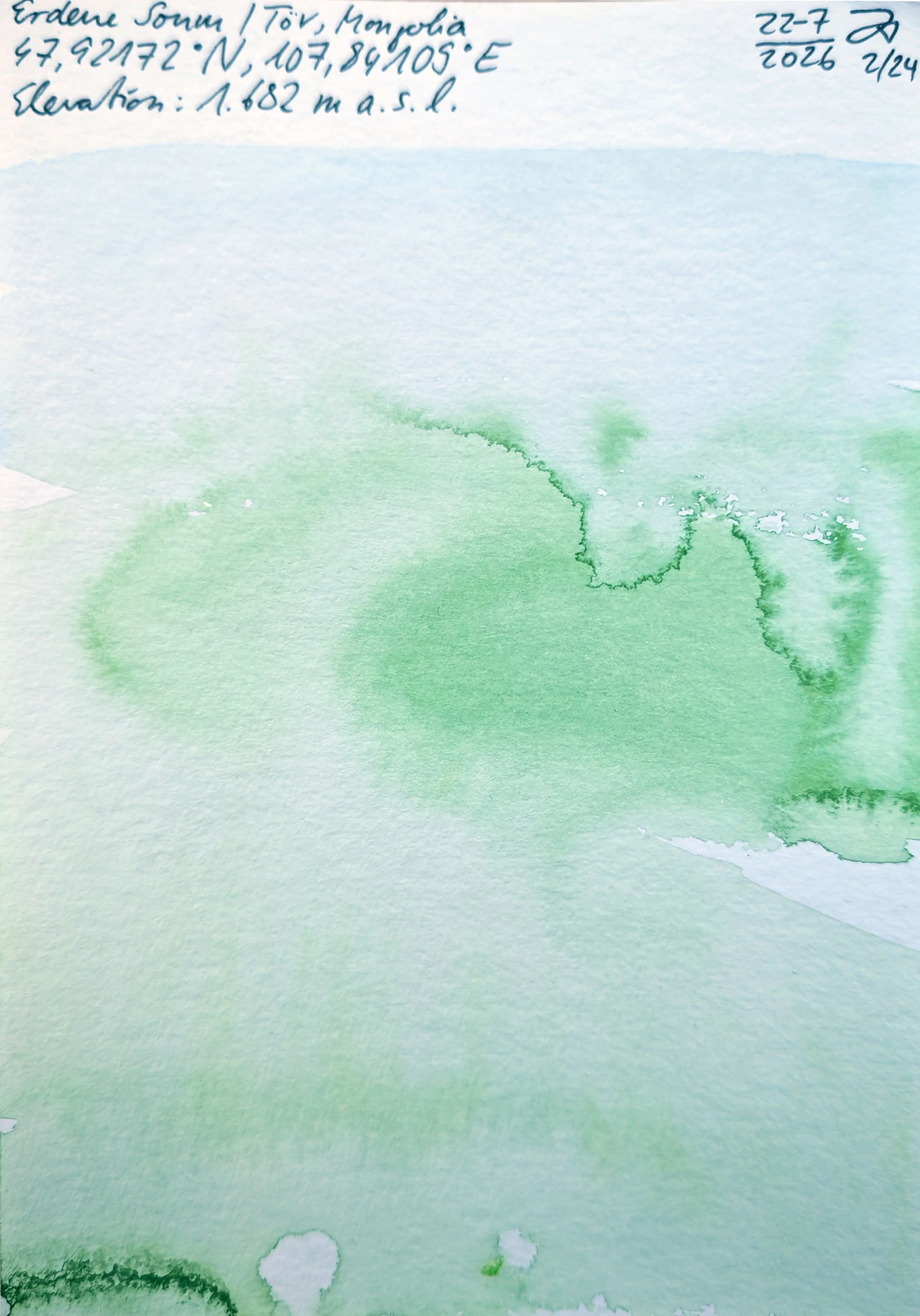 Handwritten note in blue ink with coordinates, elevation, and date, with a green watercolor background.