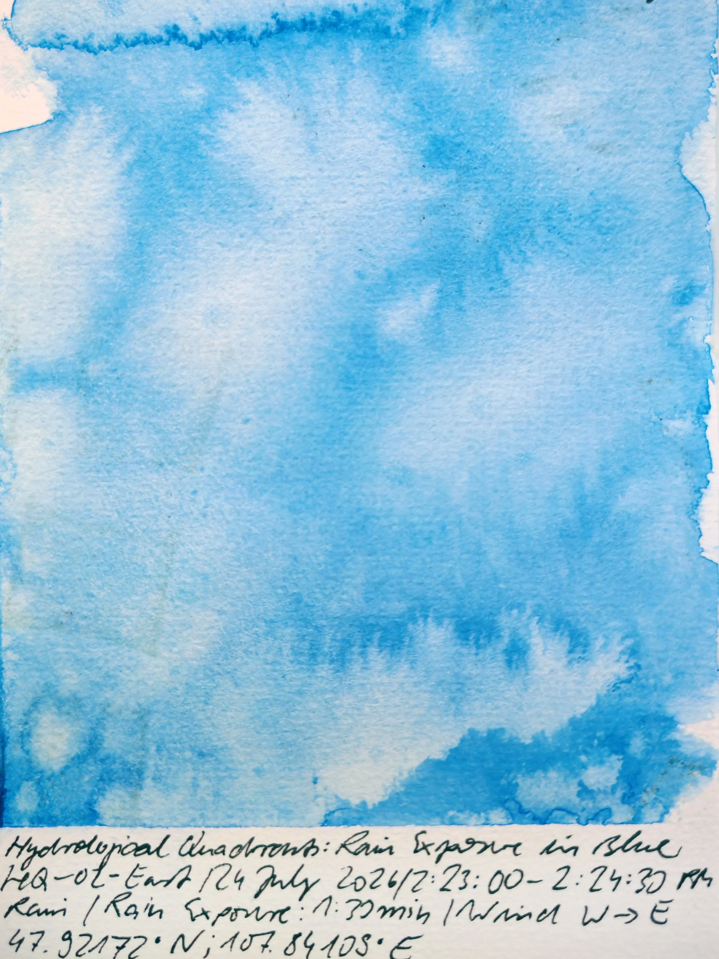 A blue watercolor background with handwritten scientific notes at the bottom about rain exposure and isotopic analysis.