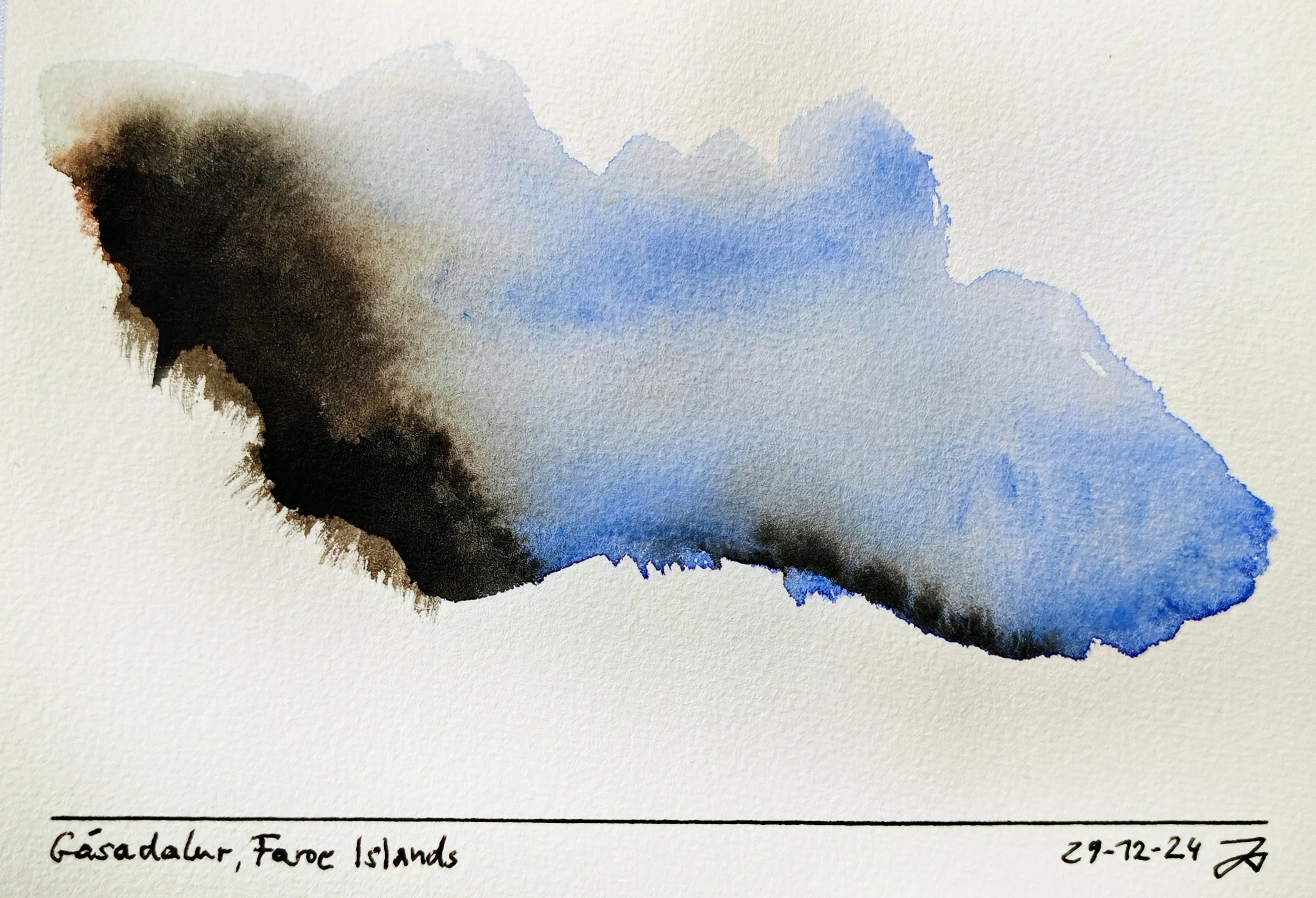 A watercolor painting with black and blue ink blending on textured paper, titled "Gásadalur, Faroe Islands" and dated "29-12-24".
