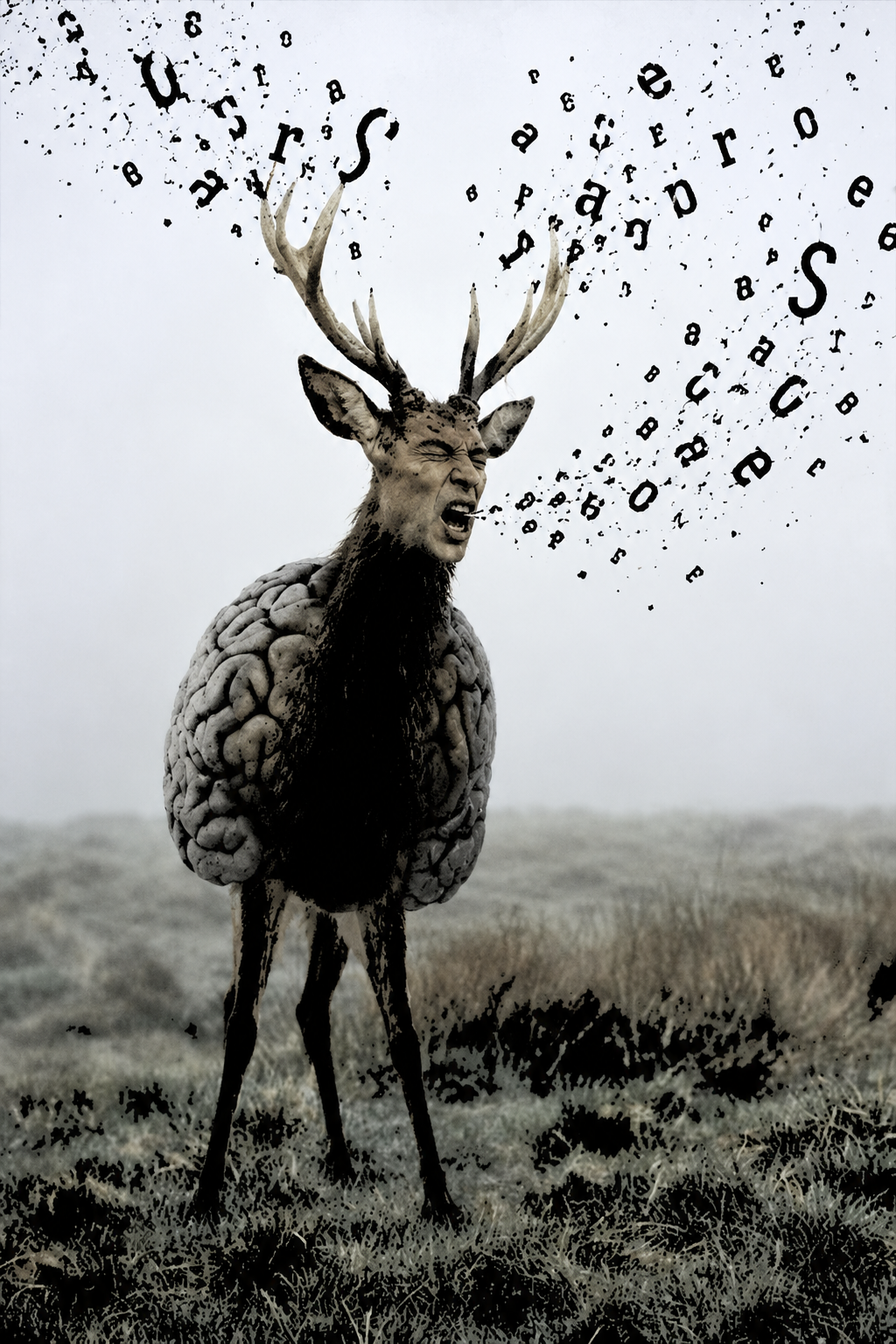 A surreal digital artwork of a creature with a deer's head, human facial features, a brain, and a body of deer legs. The deer antlers are releasing floating scattered letters and numbers into the sky.