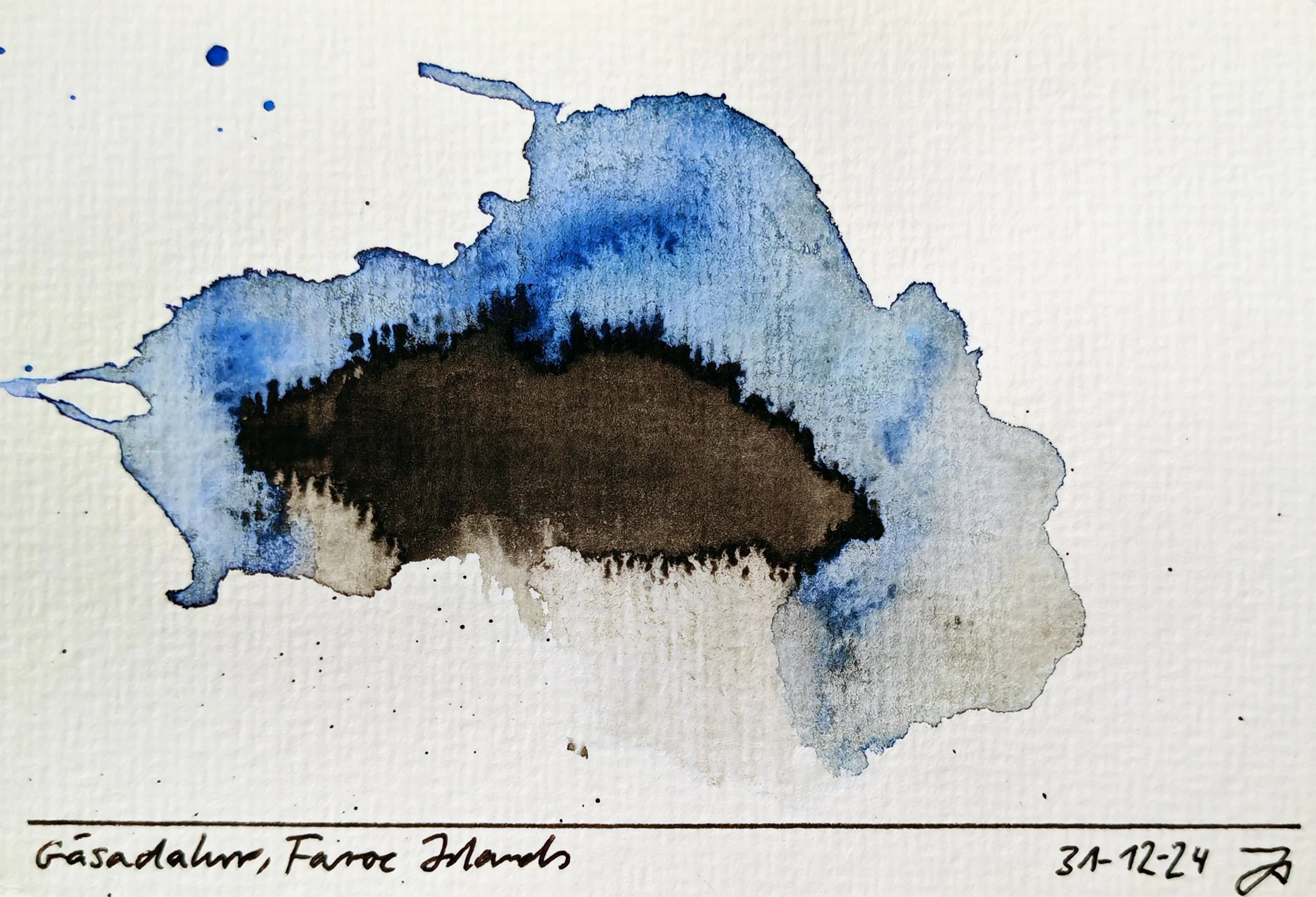 Watercolor painting of a landmass on a white background, with the location handwritten below. The landmass appears blue and black.