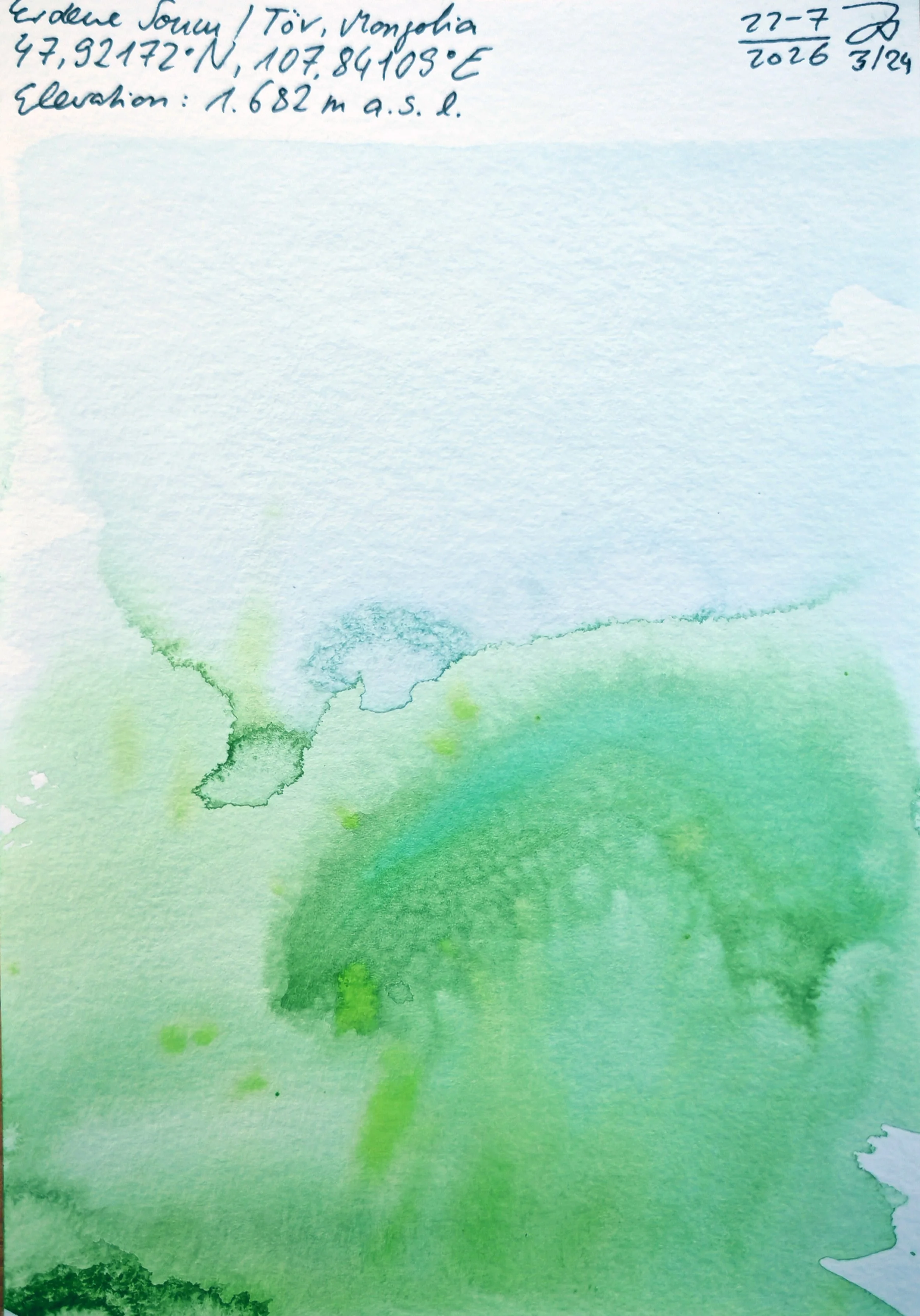 Handwritten notes and watercolors of a landscape with mountains and sky, including coordinates and elevation.