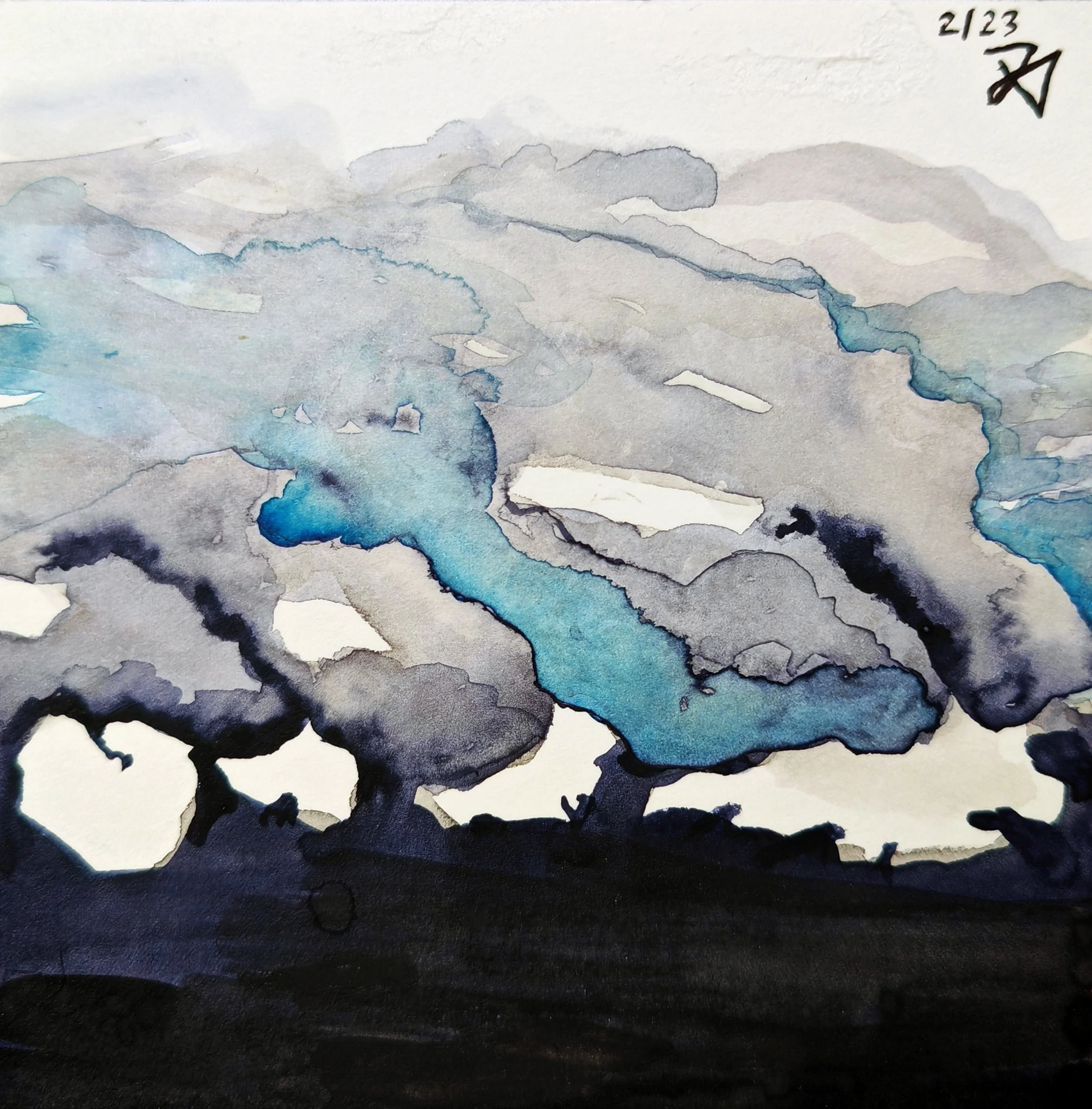 A watercolor painting with various shades of blue, gray, black, and white, depicting a landscape scene with mountains and abstract shapes.