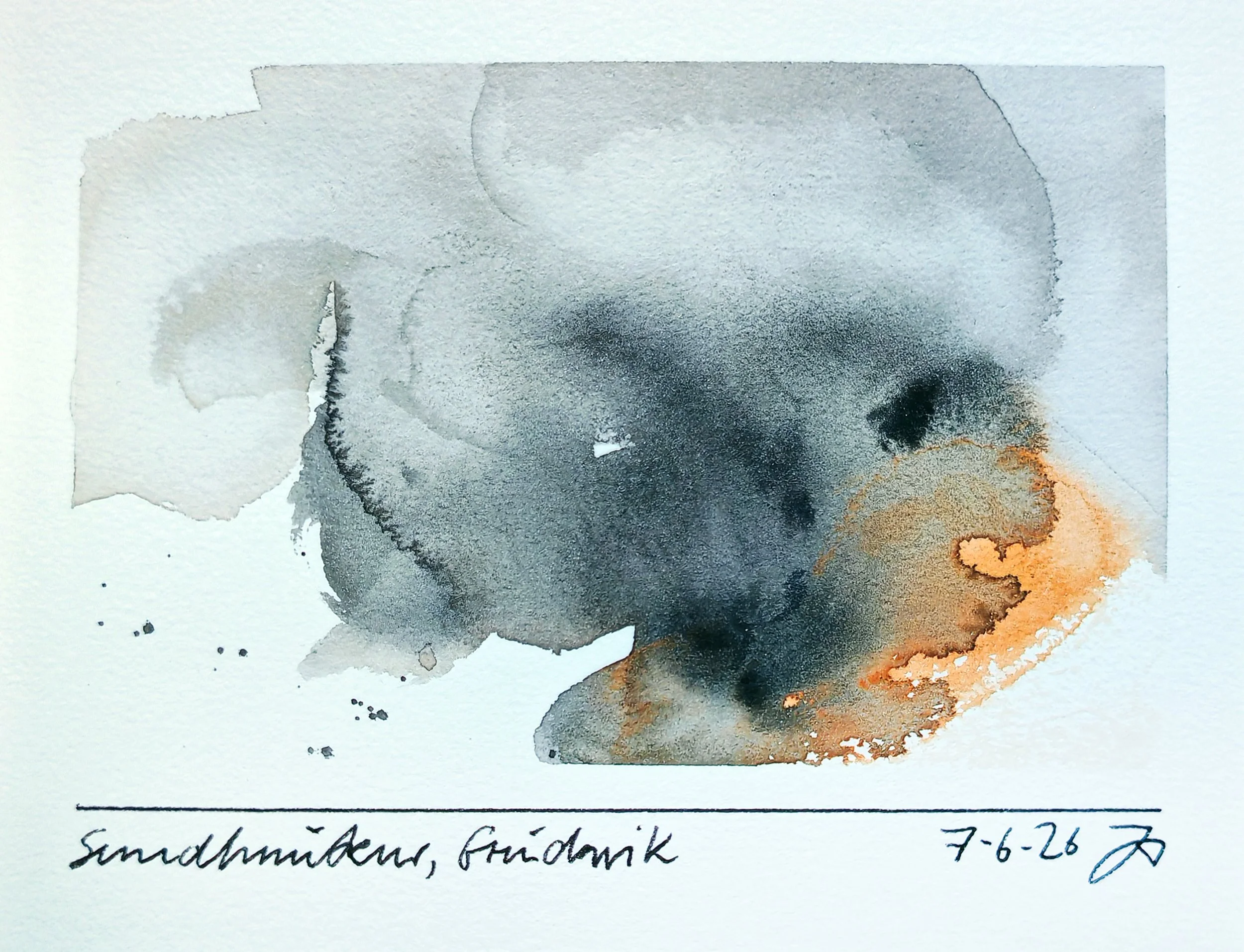 Watercolor painting with shades of black, gray, and orange. 