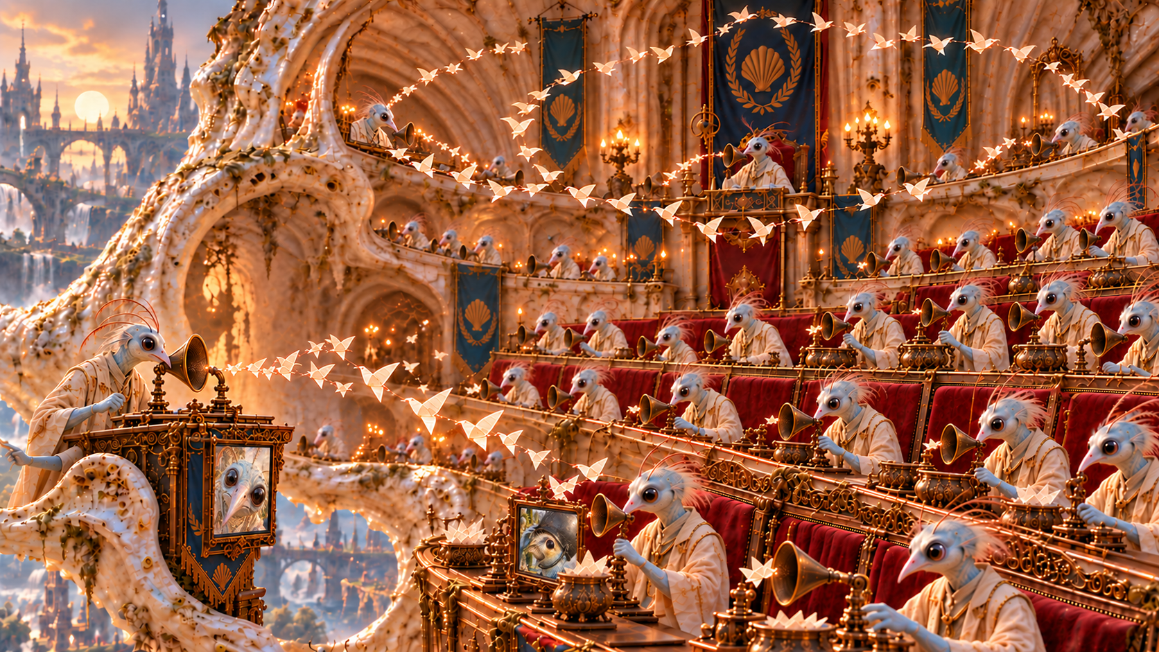 Animated scene of a grand theater with anthropomorphic bird musicians playing instruments, dressed in elegant white and gold clothing, with a cityscape and castle in the background. The theater is decorated with blue banners, golden accents, and warm lighting.