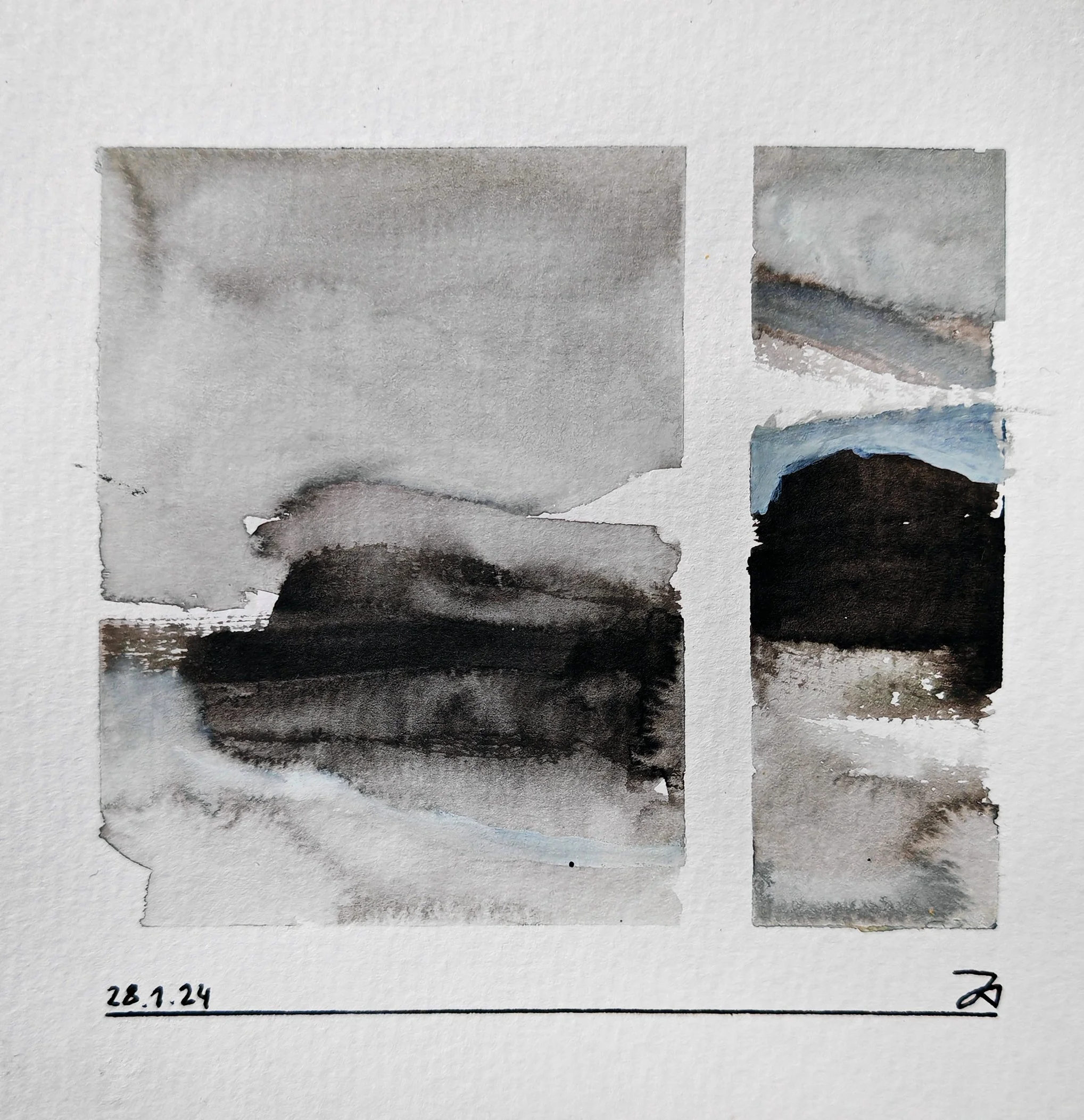 Watercolor painting showing abstract mountain landscape with dark blue, black, and gray hues. The painting appears to be on textured paper with a handwritten date 28.1.24 at the bottom left.