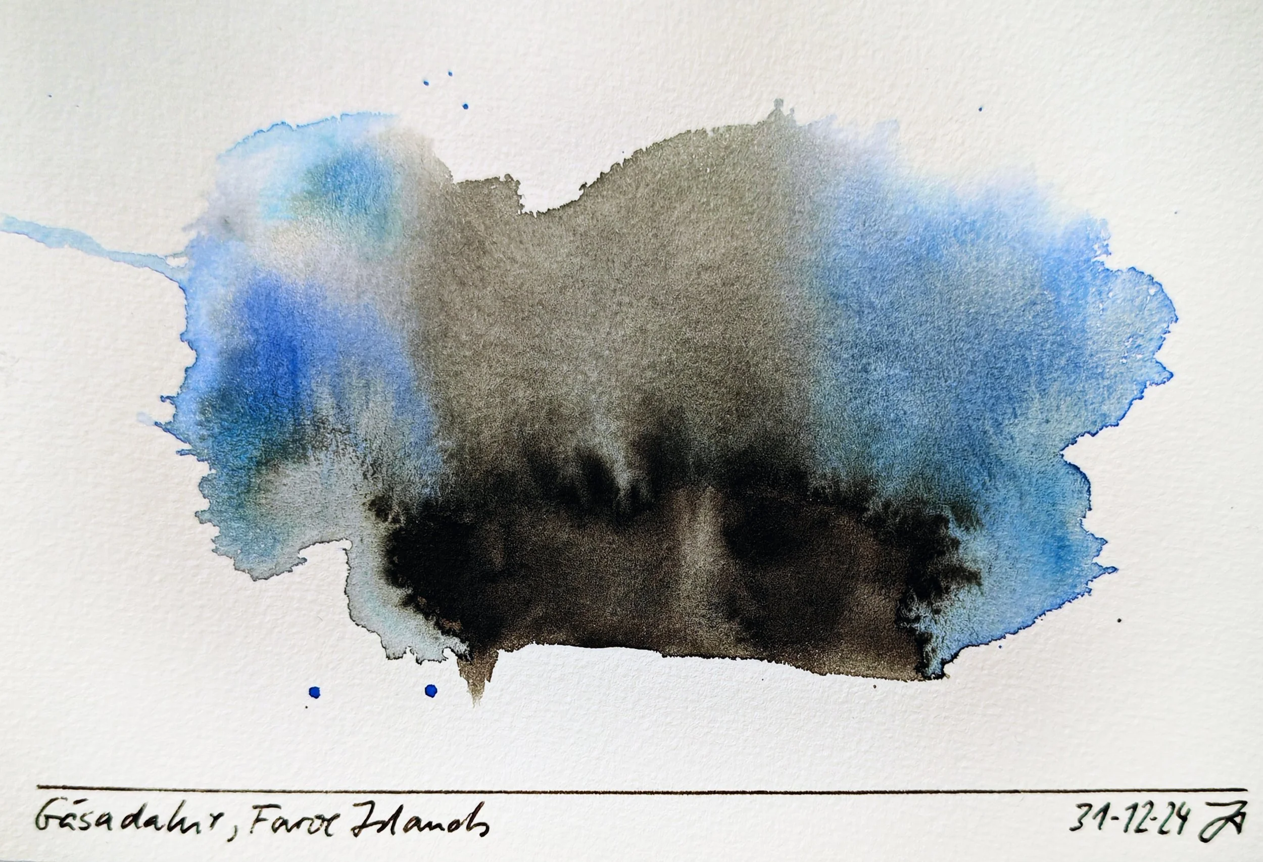 Abstract watercolor painting with black at the bottom and shades of blue and gray above, with handwritten notes underneath.