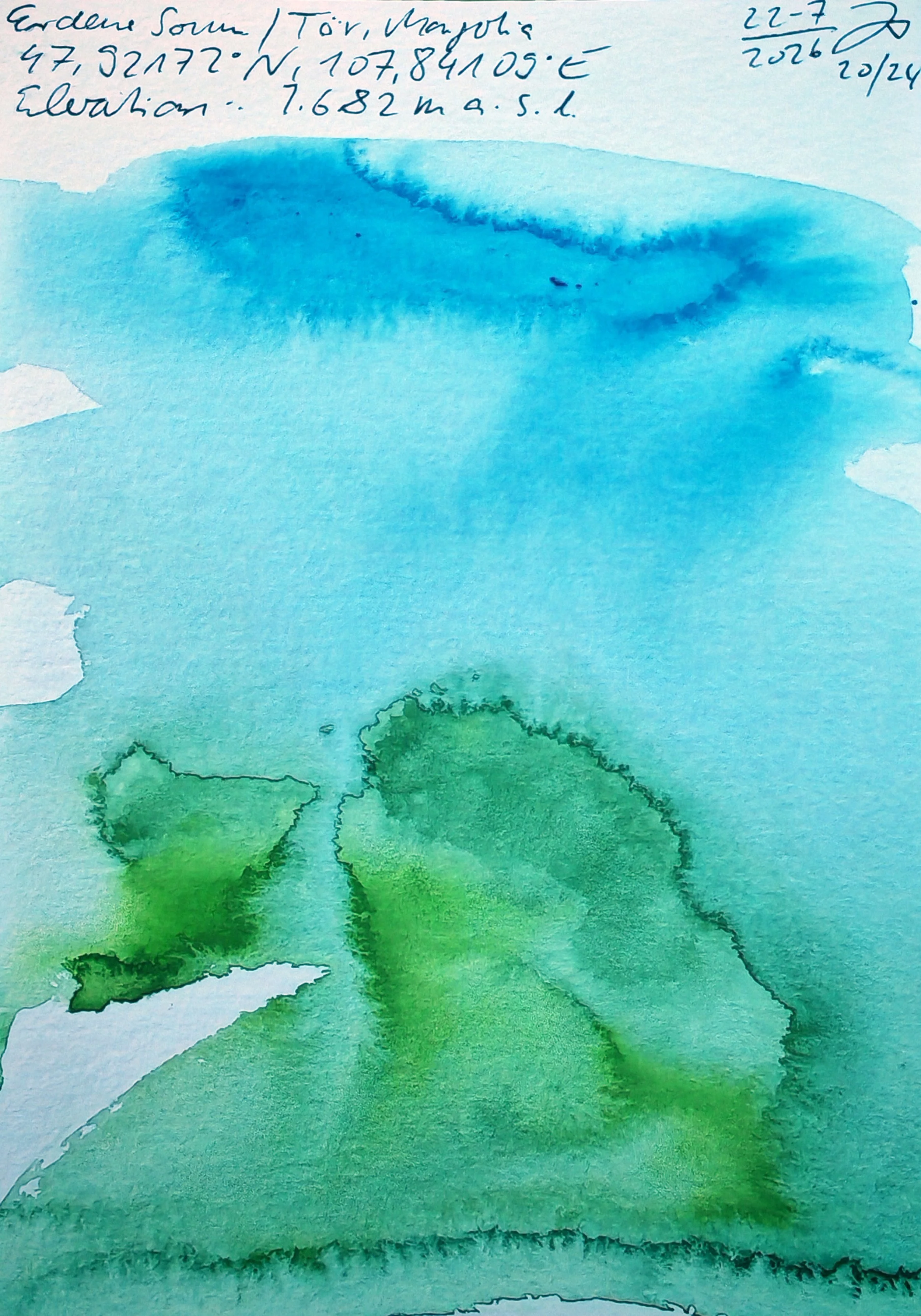 Handwritten notes and watercolor painting with shades of blue and green, with visible handwriting at the top, including dates and measurements.