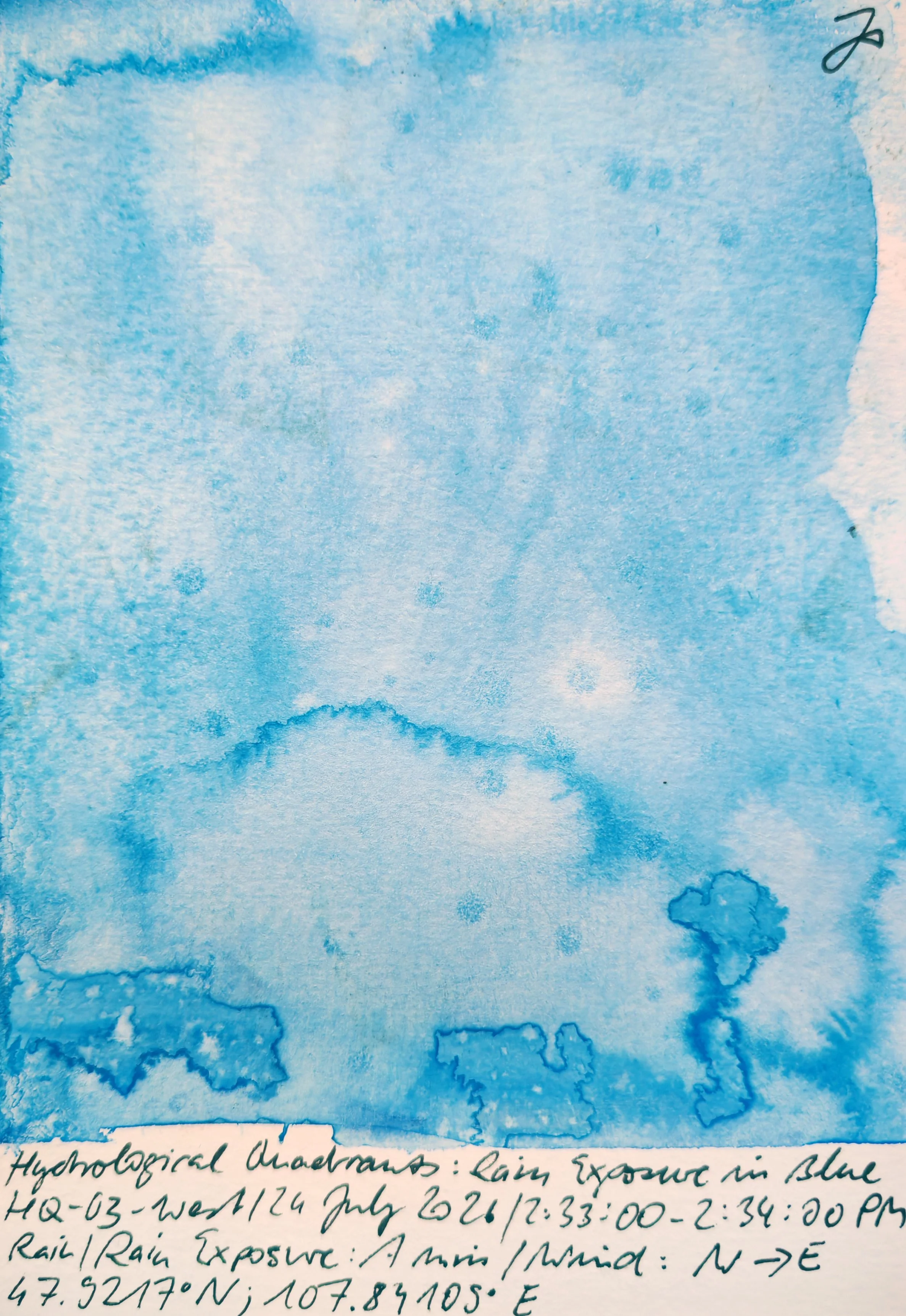 Handwritten scientific notes on a watercolored blue background, mentioning hydrological measurements, strike in blue, rain, wind, and specific coordinates.