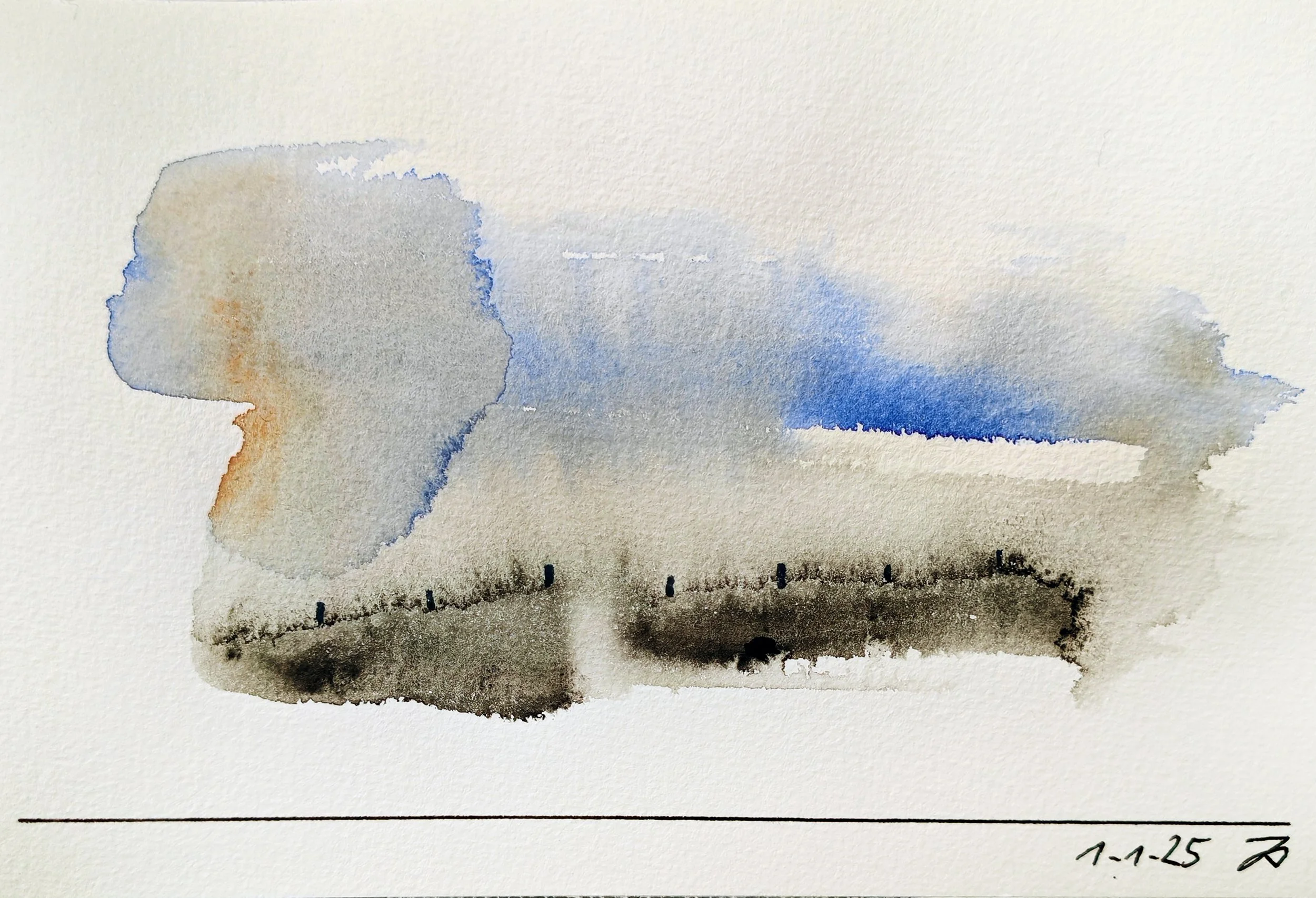 A watercolor painting of a landscape with a sky, trees, and a fence, with a date '1.11.25' written at the bottom right corner.