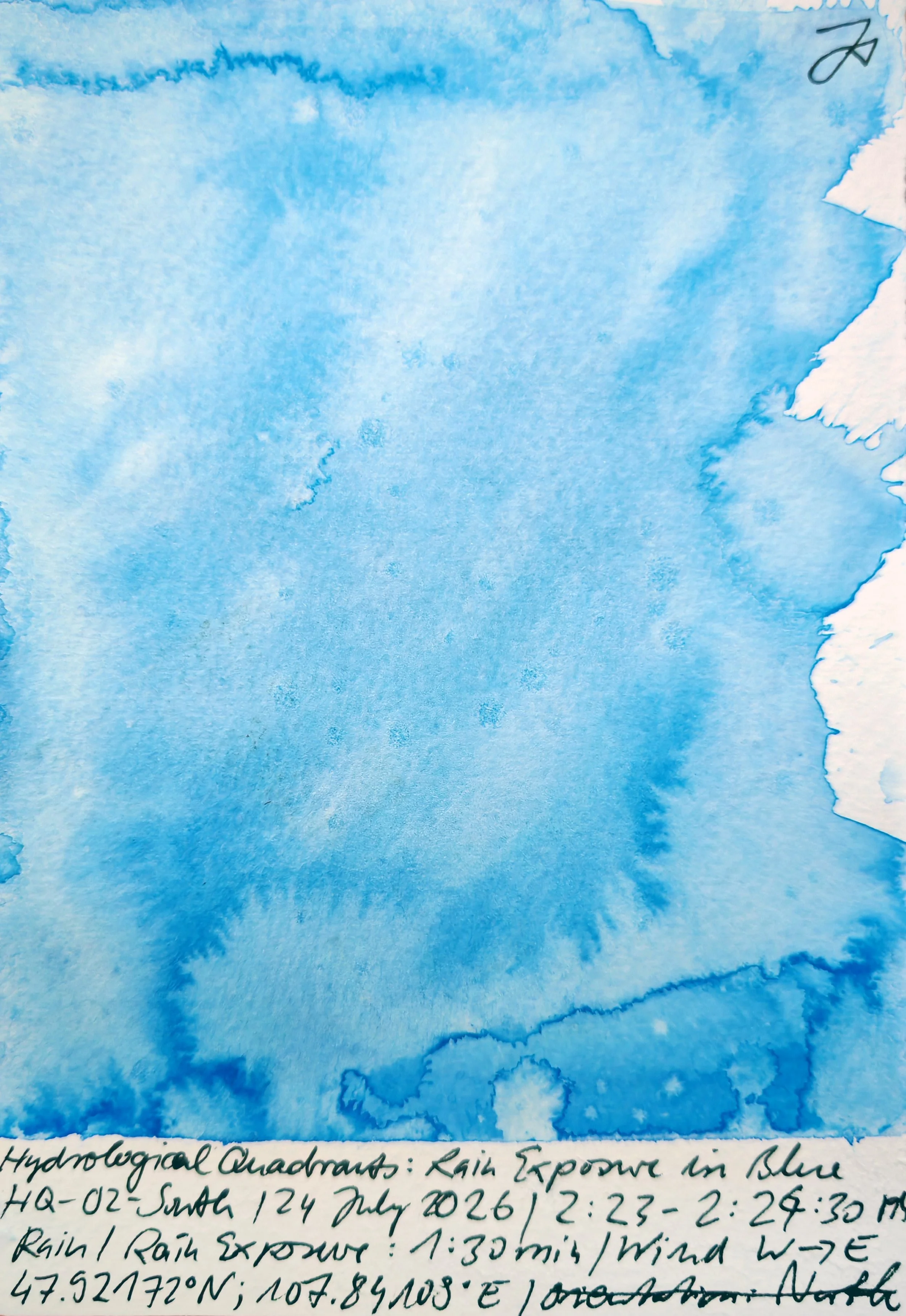 A blue watercolor painting of the sky and clouds with handwritten notes at the bottom detailing a scientific experiment on the hydraulic quadrants, rain exposure, and wind speed measurements.