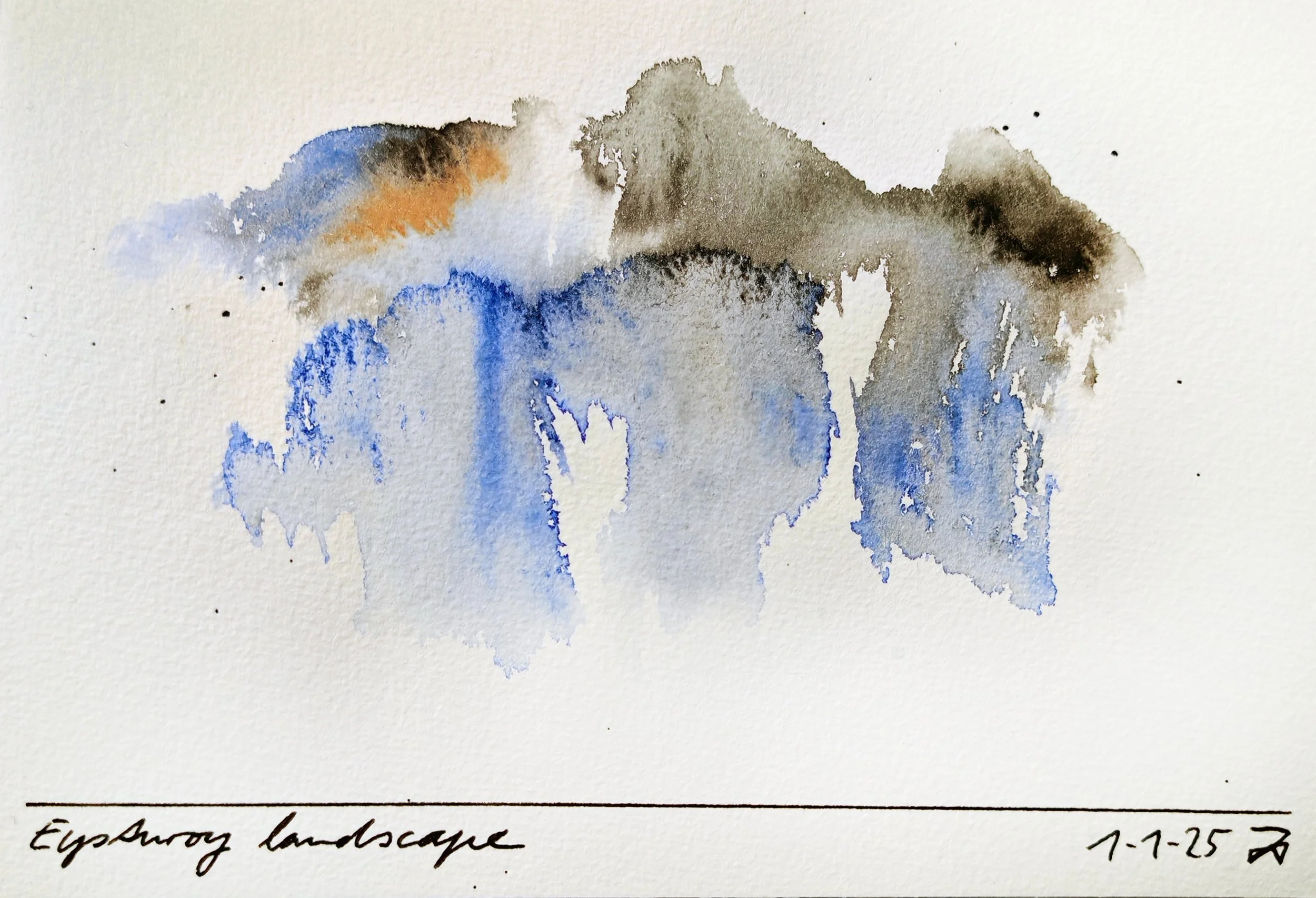 A watercolor painting of a mountain landscape with watercolor splashes predominantly in blue, brown, and black hues. Contains handwritten text below the painting that reads 'Egyptian landscape 1.7.25'.