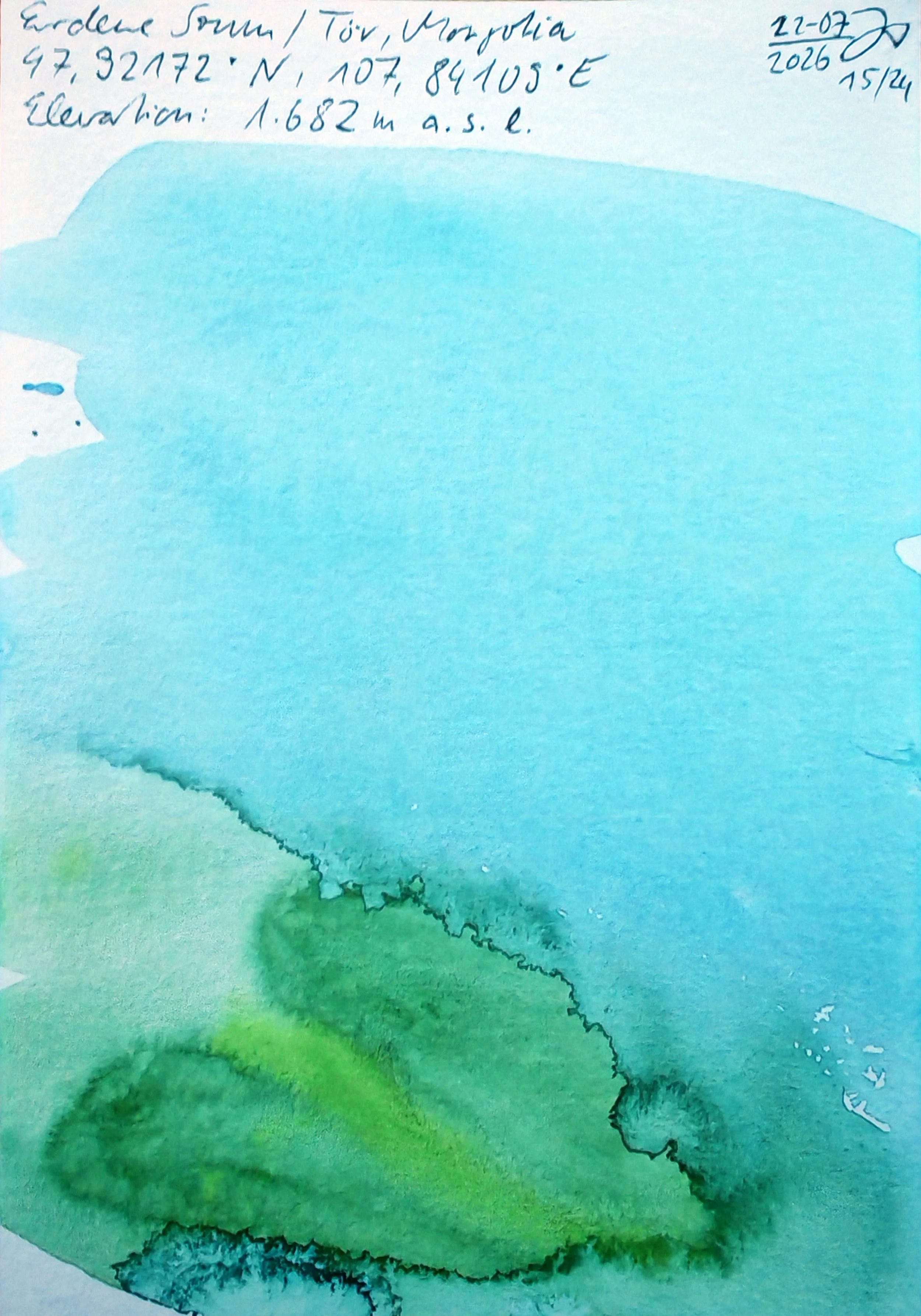 Watercolor painting of a green leaf with handwritten notes in blue ink at the top of the page. The notes include location, elevation, and dates.