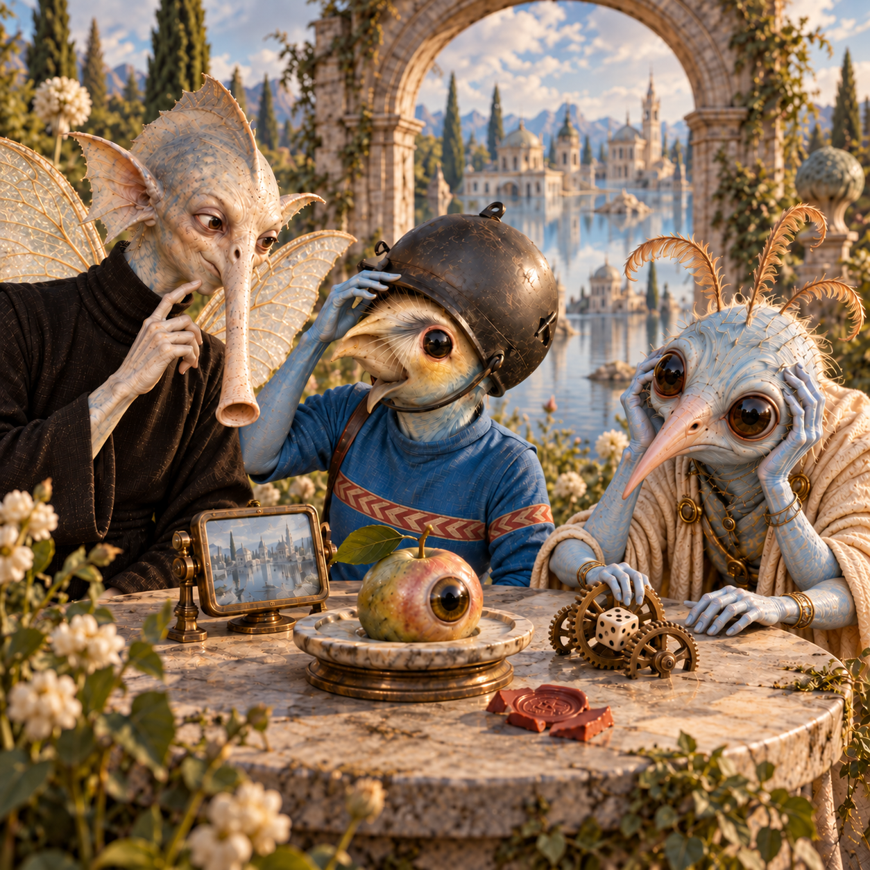 Three anthropomorphic bird-like creatures with fantasy insect features sit around a marble table with a spherical apple, gears, and dice, set outdoors with a fantasy castle and lake in the background.
