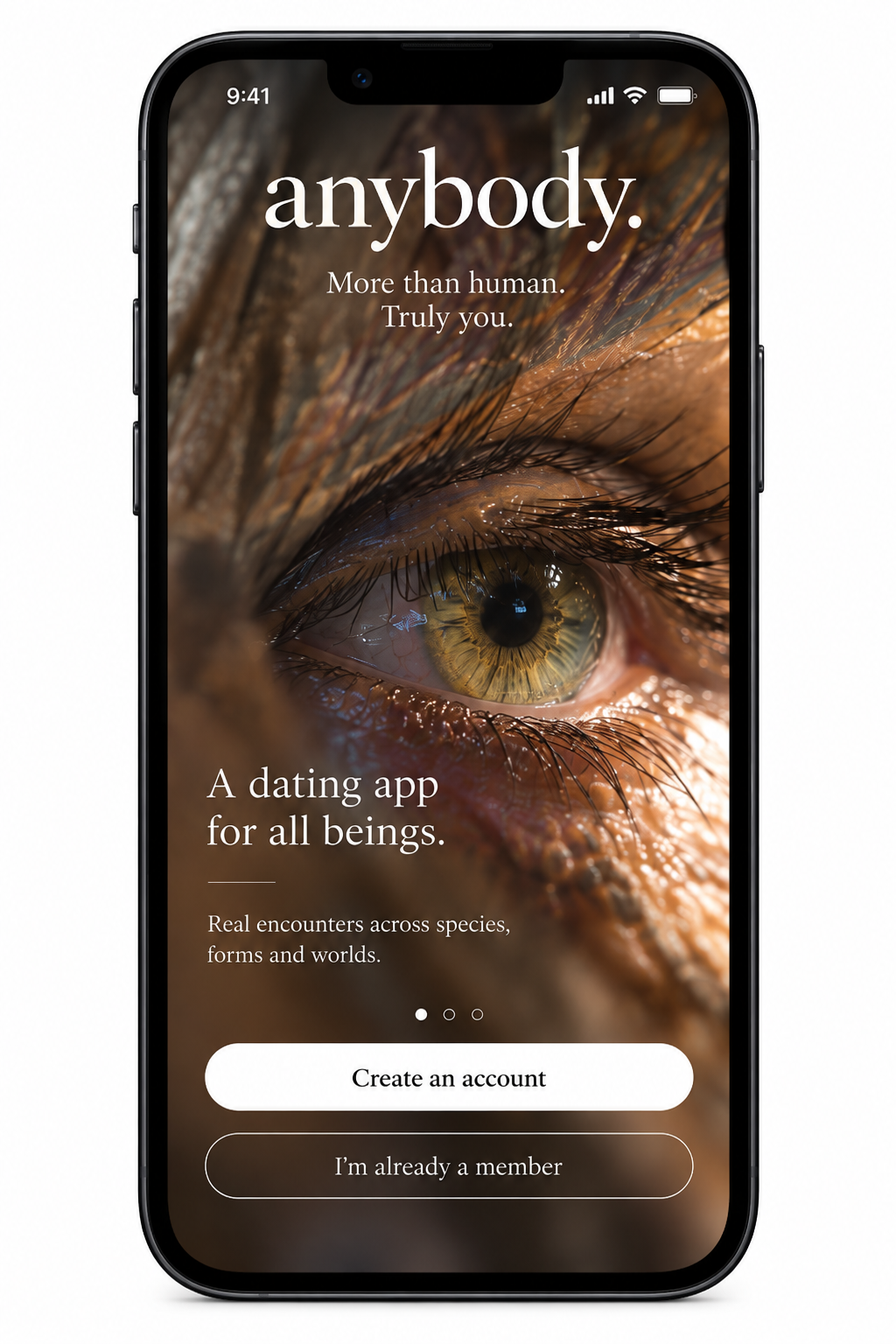 A smartphone screen displays an app called 'anybody.' featuring a close-up photo of a human eye with detailed iris and eyelashes. The text describes it as a dating app for all beings, emphasizing real encounters across species, forms, and worlds. There are options to create an account or sign in.