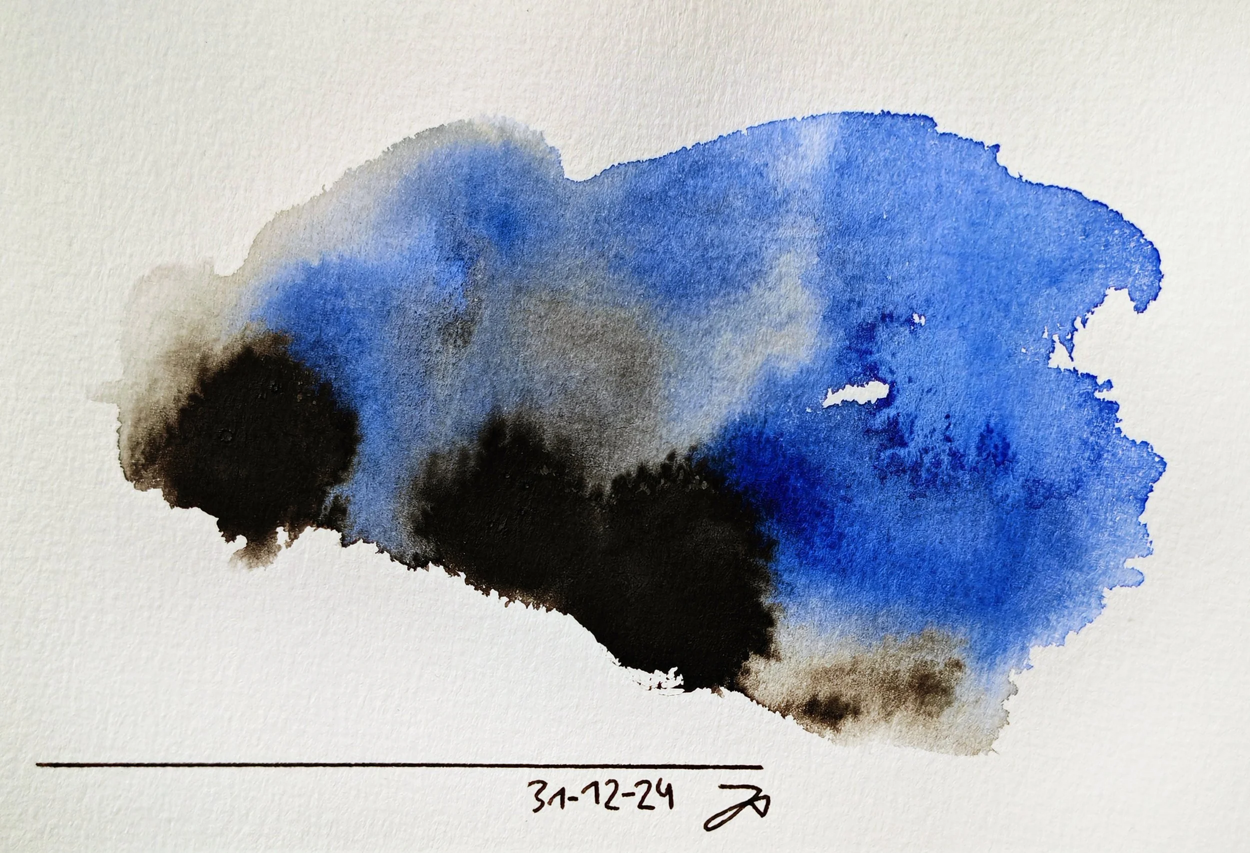 Abstract watercolor painting with black, blue, and gray shades on textured paper, signed and dated 31-12-24.
