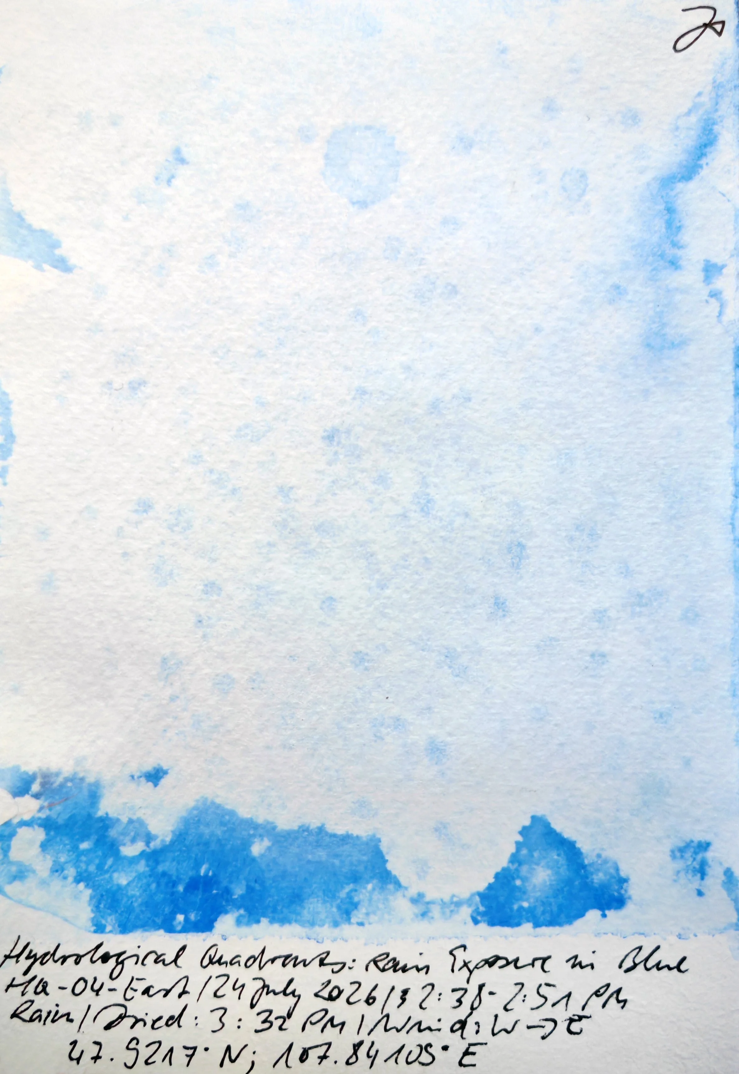 A watercolor painting of a blue sky with clouds, accompanied by handwritten notes about rain exposure times and weather conditions.
