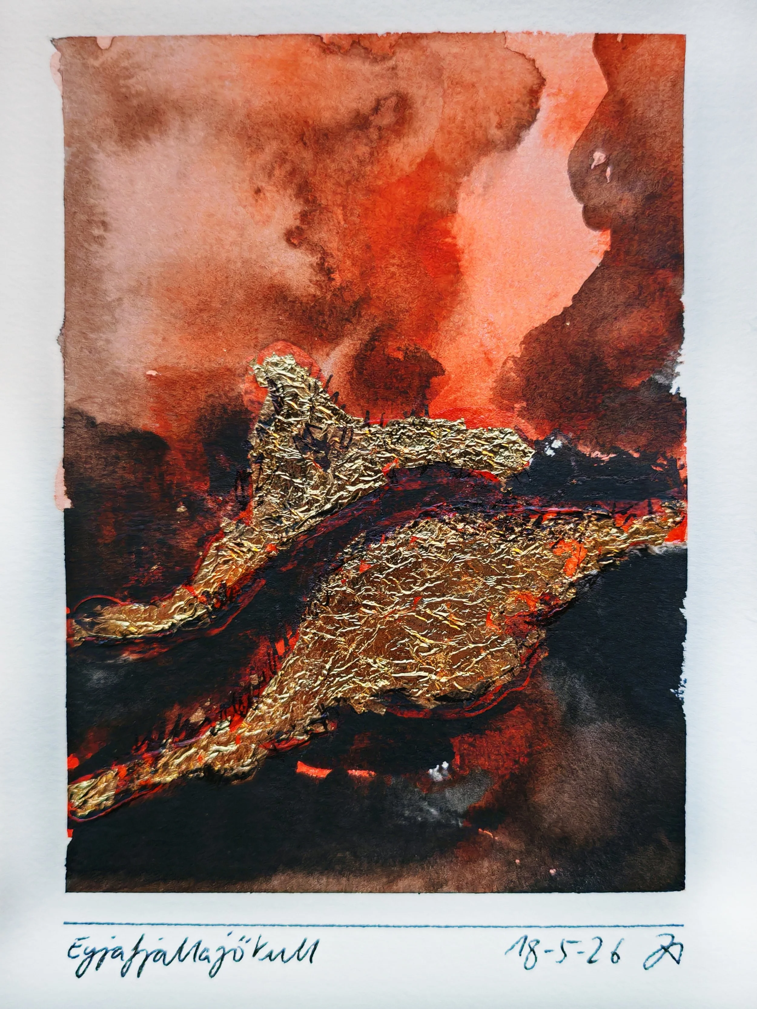 A piece of artwork depicting a reddish, textured landscape with a large, golden twisted branch or sculpture extending across the scene. There is handwritten text below the artwork that reads 'Egyiptrál Művészettud' with the date '18-5-26' and an arti