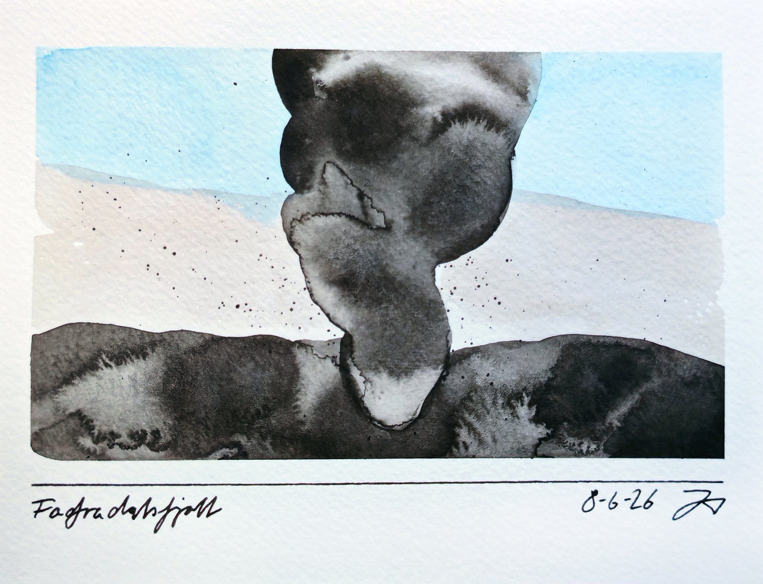 Black and white watercolor painting of a person's face, profile view, with eyes closed and hands resting on their chin. Slightly textured paper with some ink splatters, with a blue watercolor stroke in the background. Handwritten notes and date at th