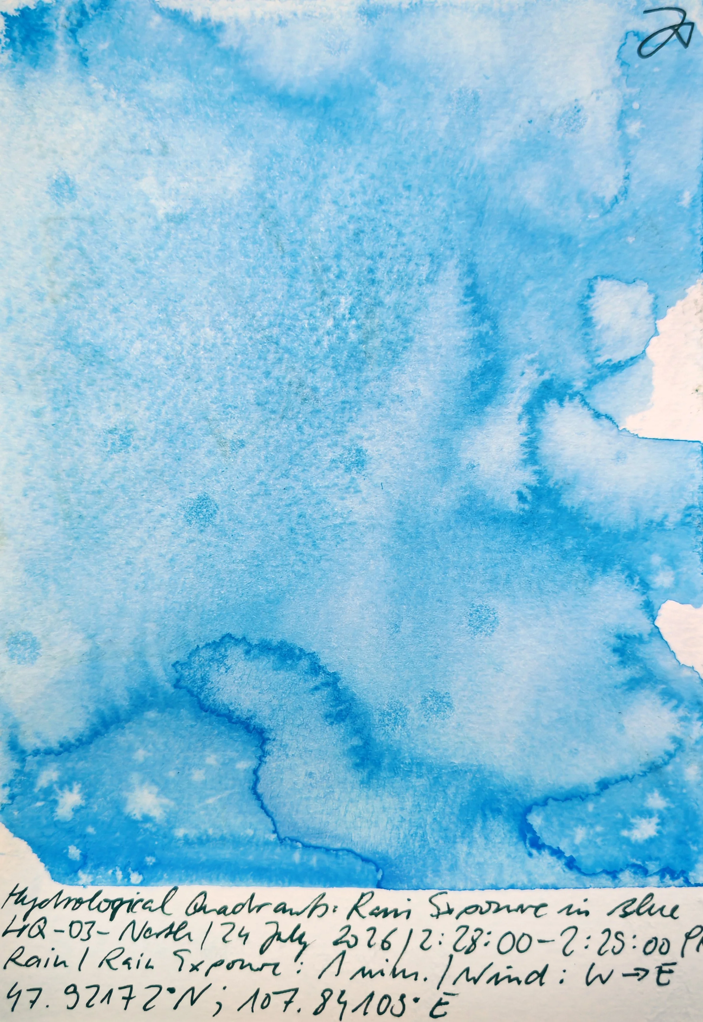 Watercolor painting of a blue sky with some white clouds.