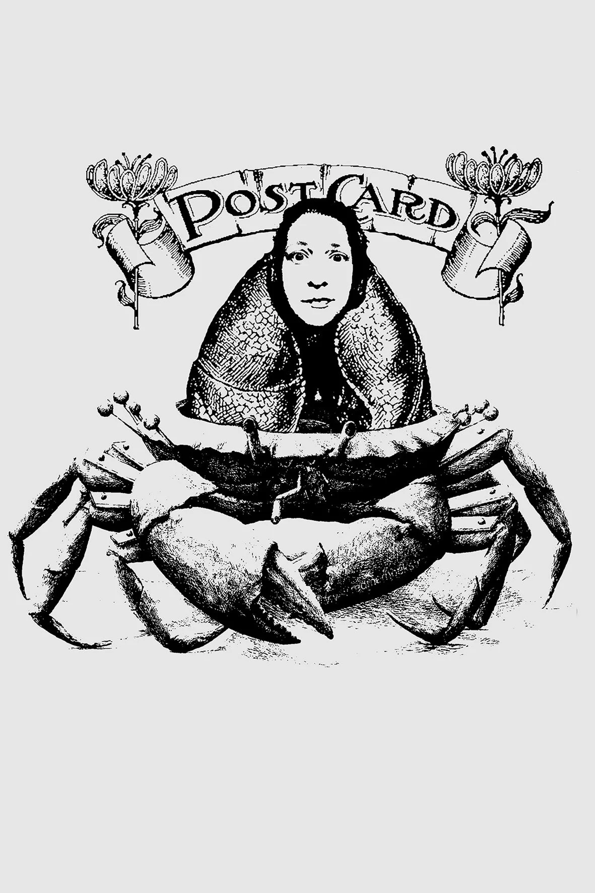 A drawing of a person with a human face sitting inside a crab. The word "Postcard" appears above the person's head with decorative flowers and banners.
