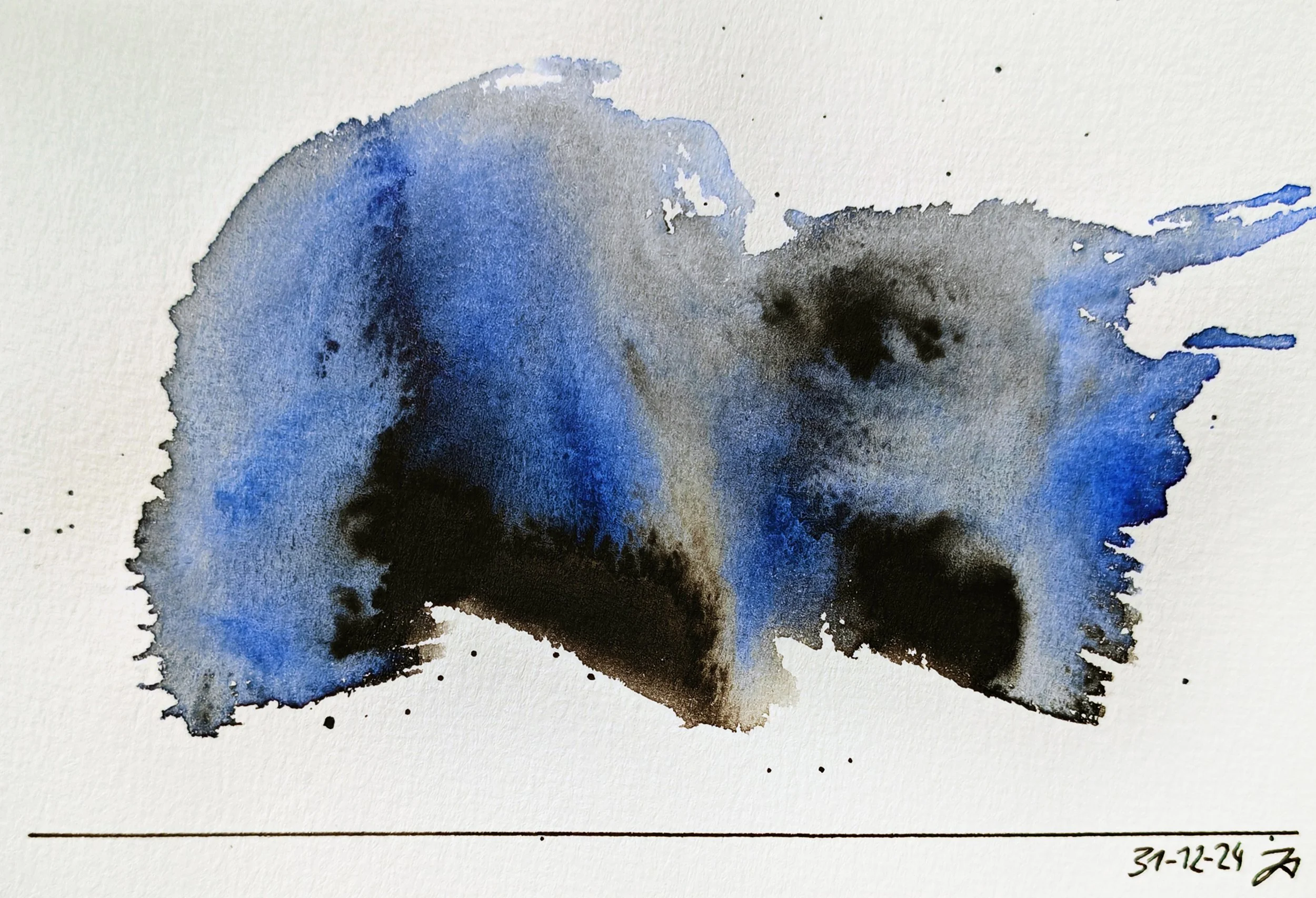 Abstract watercolor painting with shades of blue, black, and gray on textured paper, with date and initials written at the bottom right.