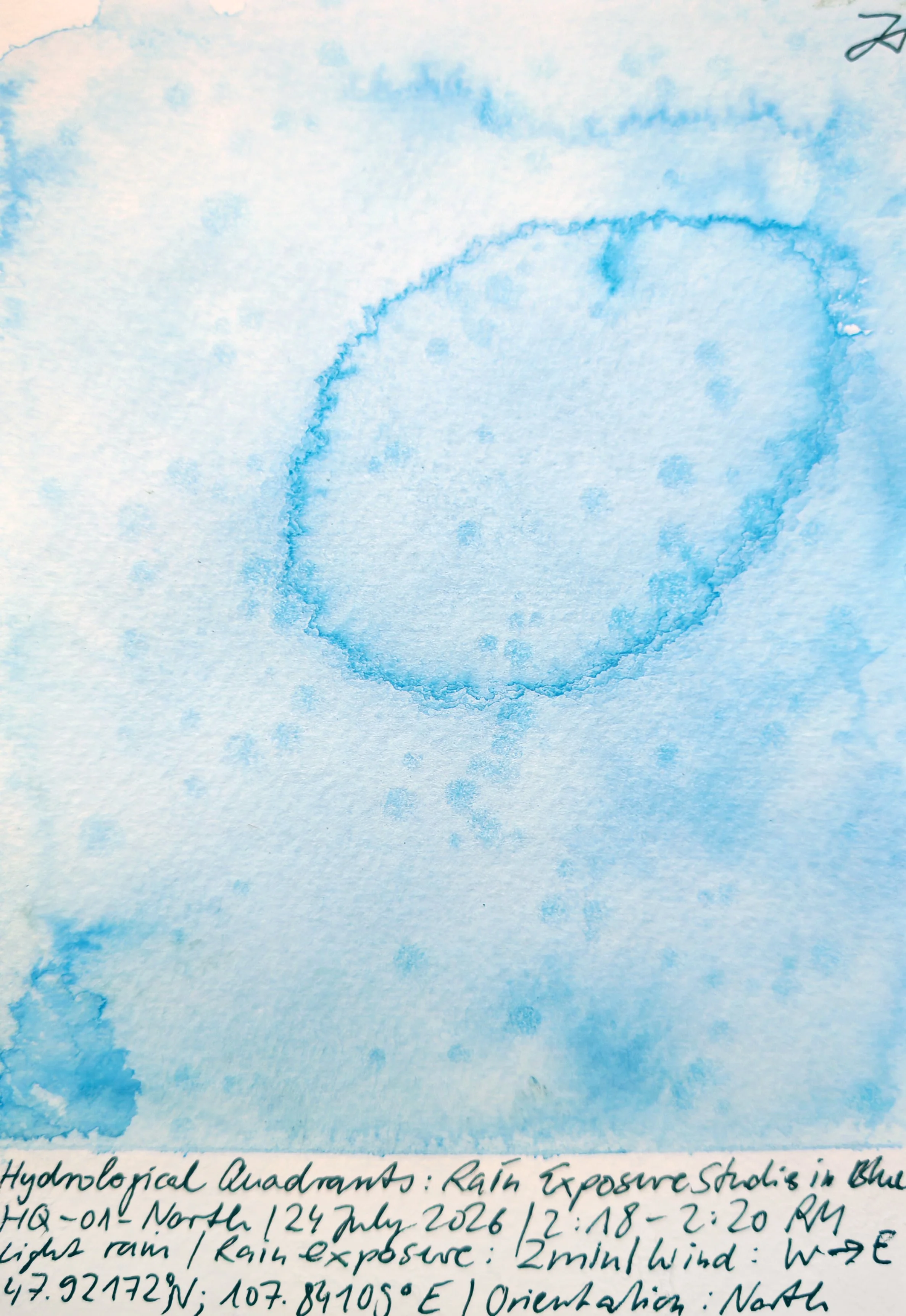 Blue watercolor sky with cloud formations and handwritten notes about hydrological quadrants, rain exposure, and wind in North, dated July 24, 2026.