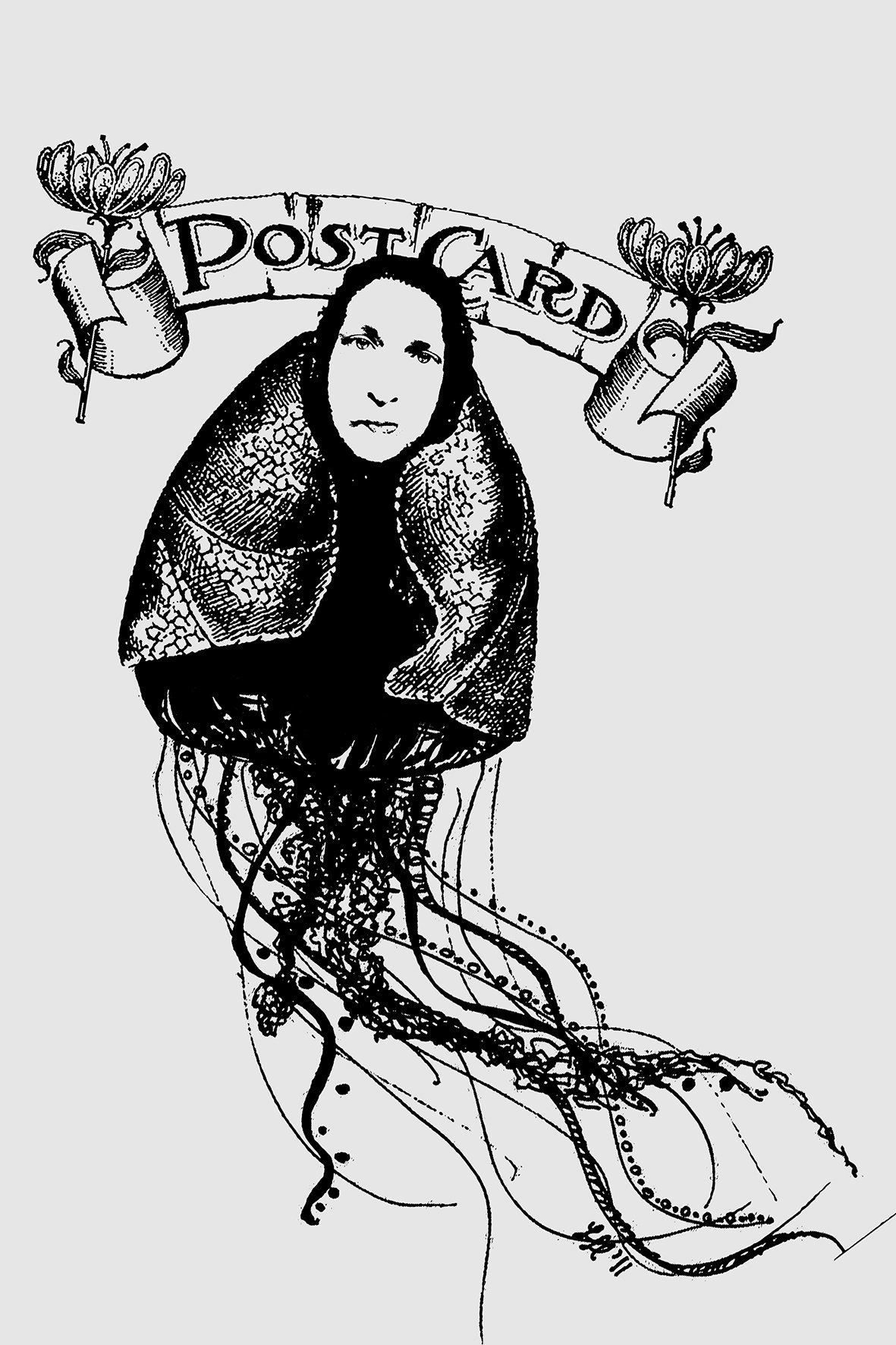 A black and white illustration of a woman with a serious expression, wrapped in a shawl, with flowing lines and tendrils extending below. Above her head is a banner with the word 'Postcard' and two flowers on either side.