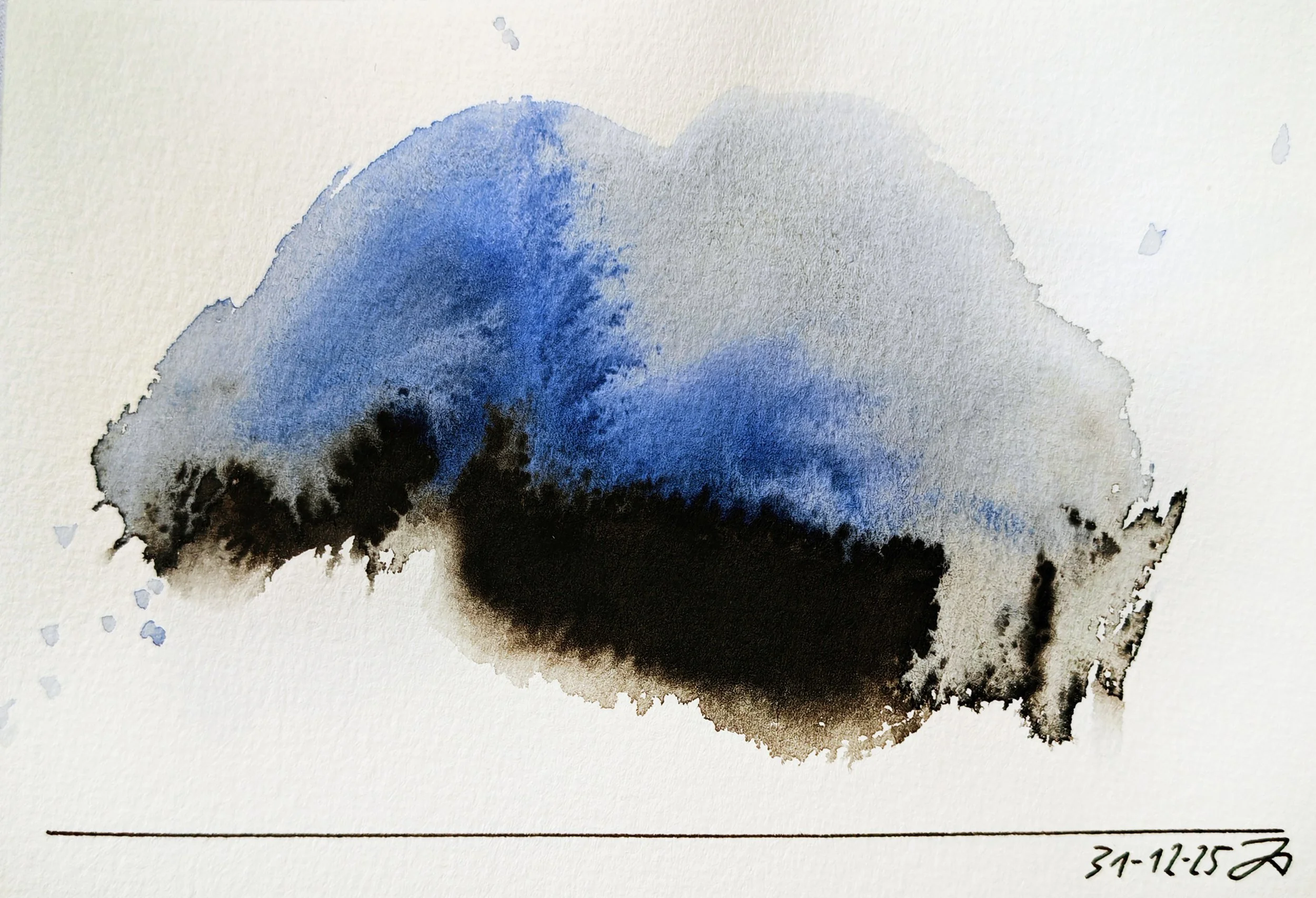 Abstract watercolor painting with shades of blue, black, and gray, with a landscape-like appearance and a date written at the bottom right.