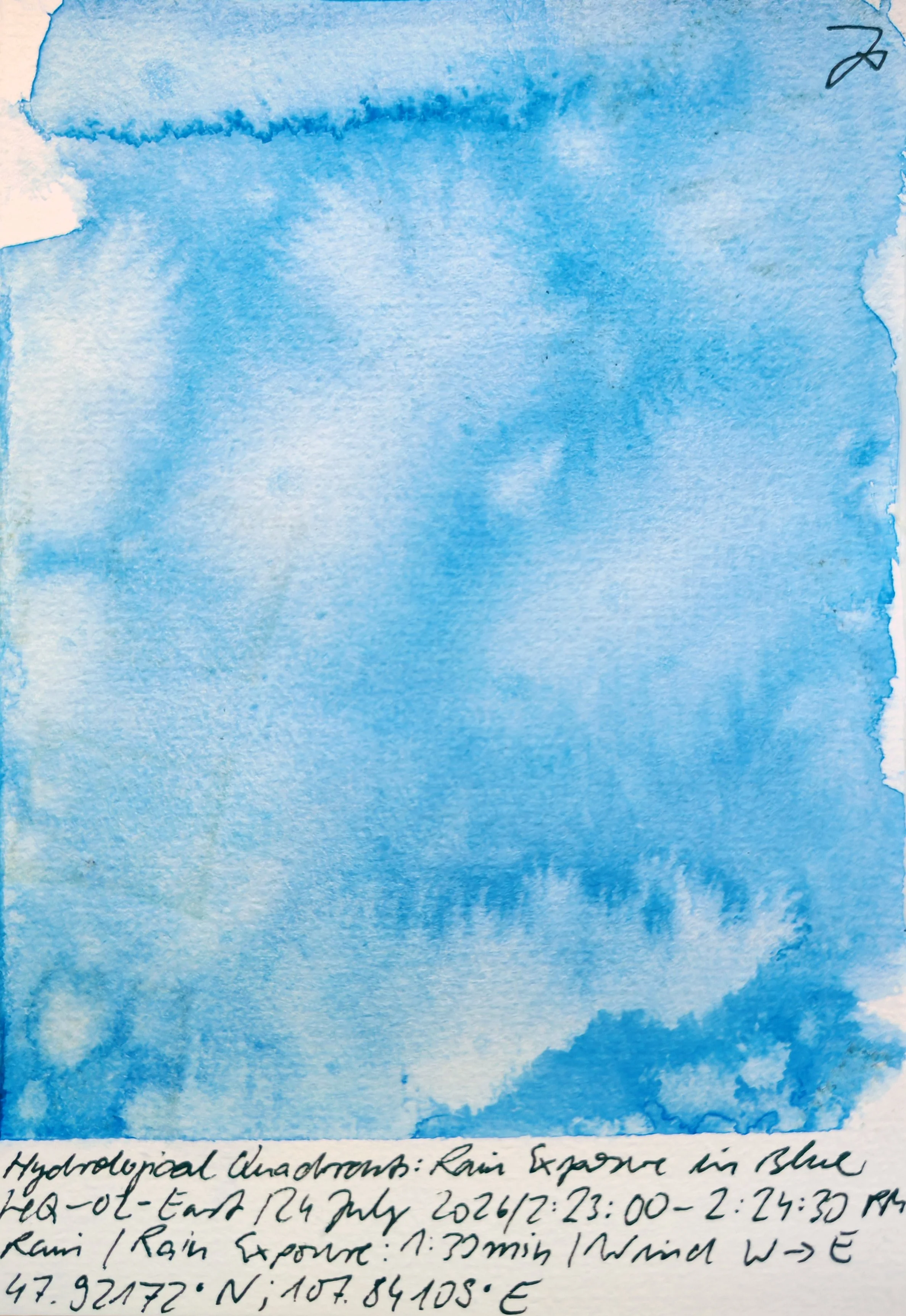 A watercolor painting of a blue sky with clouds. Handwritten notes below describe the location and details of the painting, mentioning rain exposure in the blue sky, date, time, and wind direction.